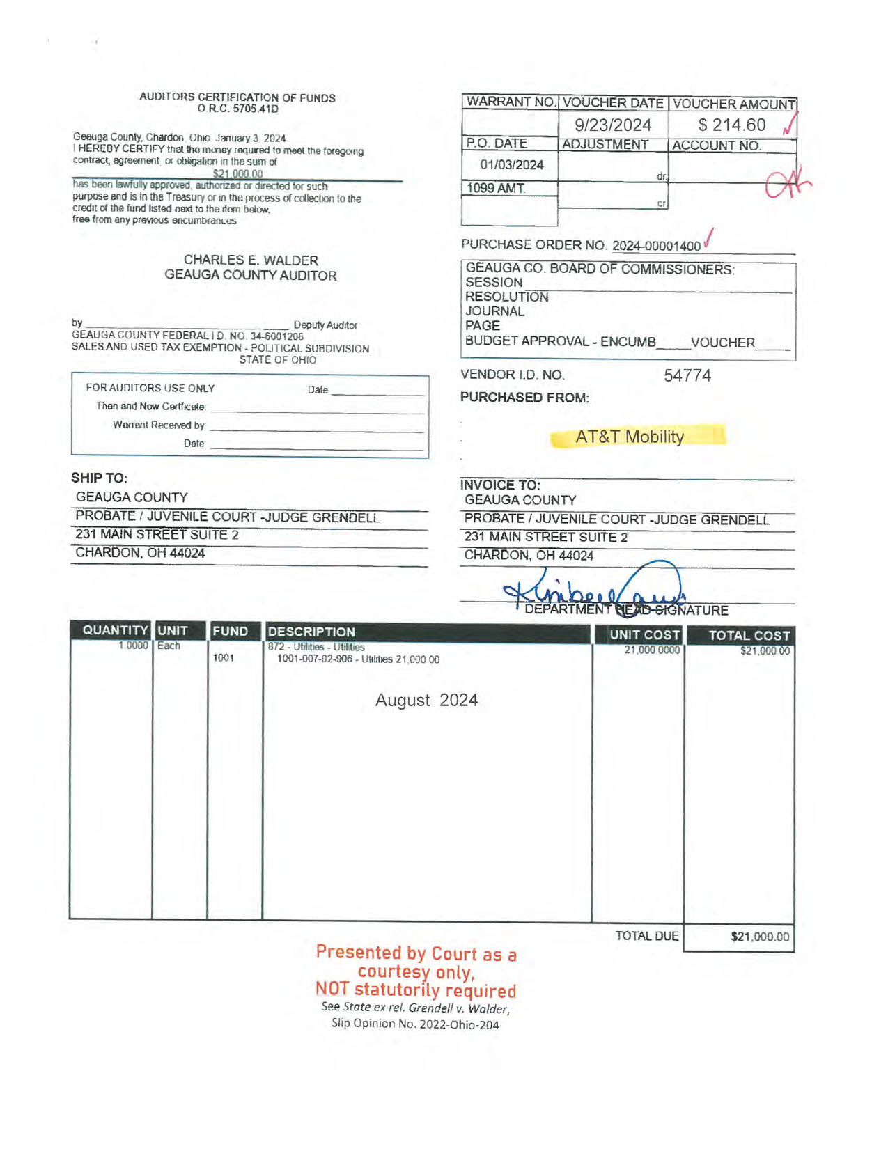 Auditor's Certification of Funds