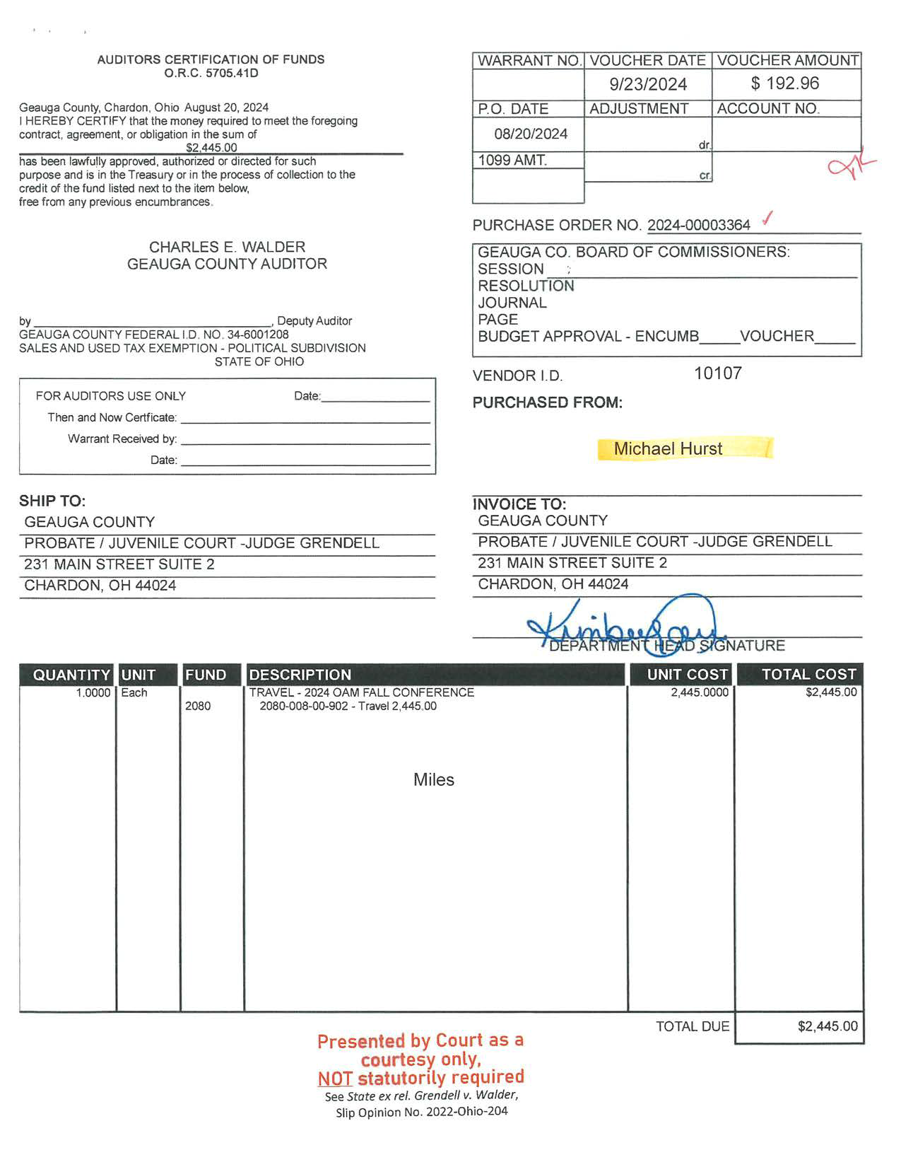 Auditor's Certification of Funds