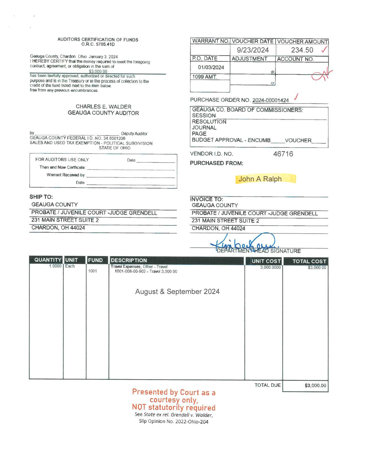 Auditor's Certification of Funds