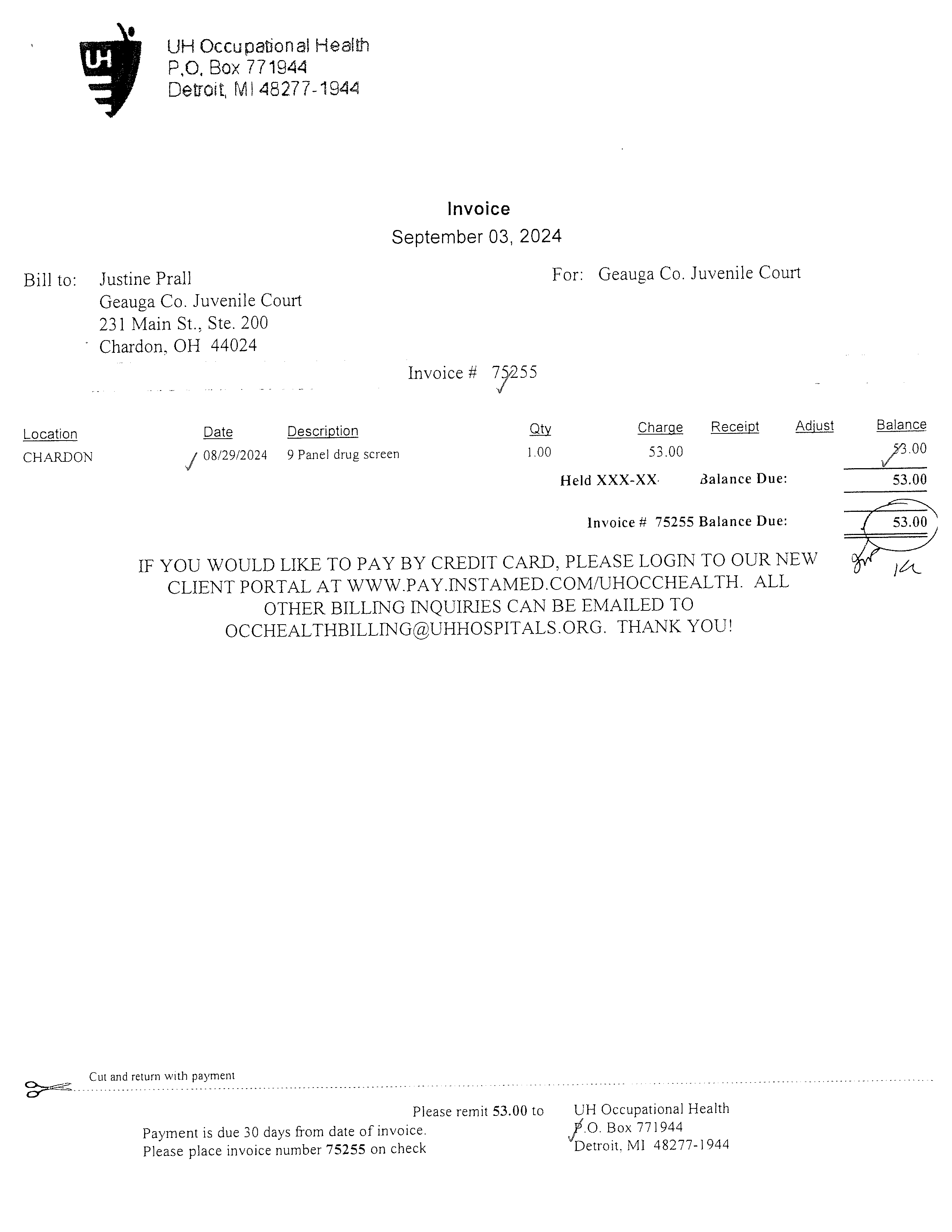 UH Occupational Health Invoice # 75255