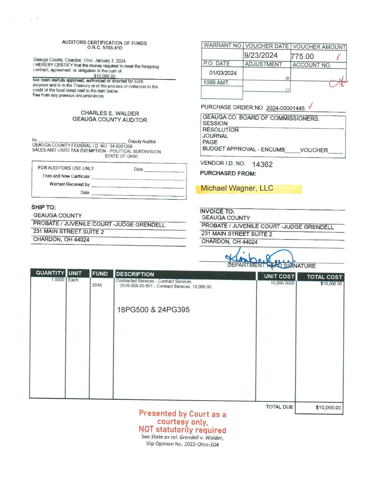 Auditor's Certification of Funds