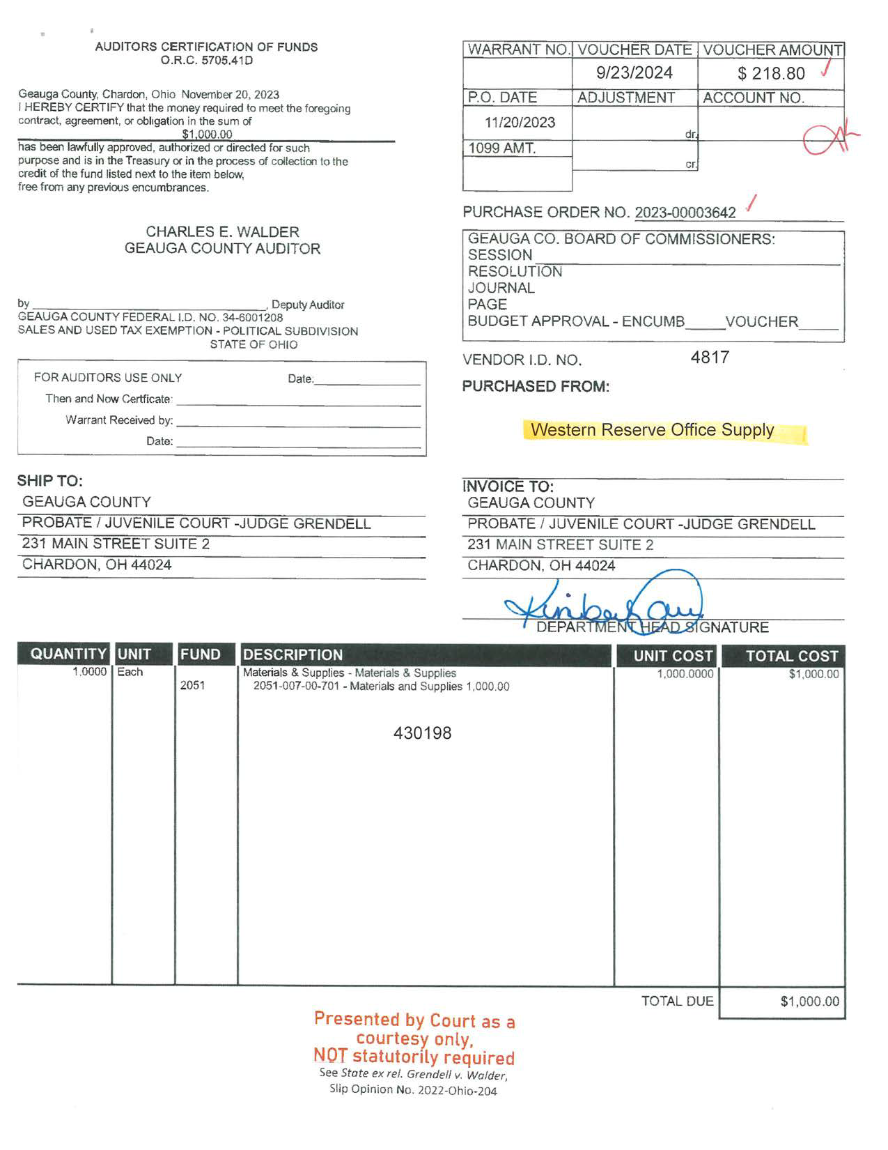 Auditor's Certification of Funds