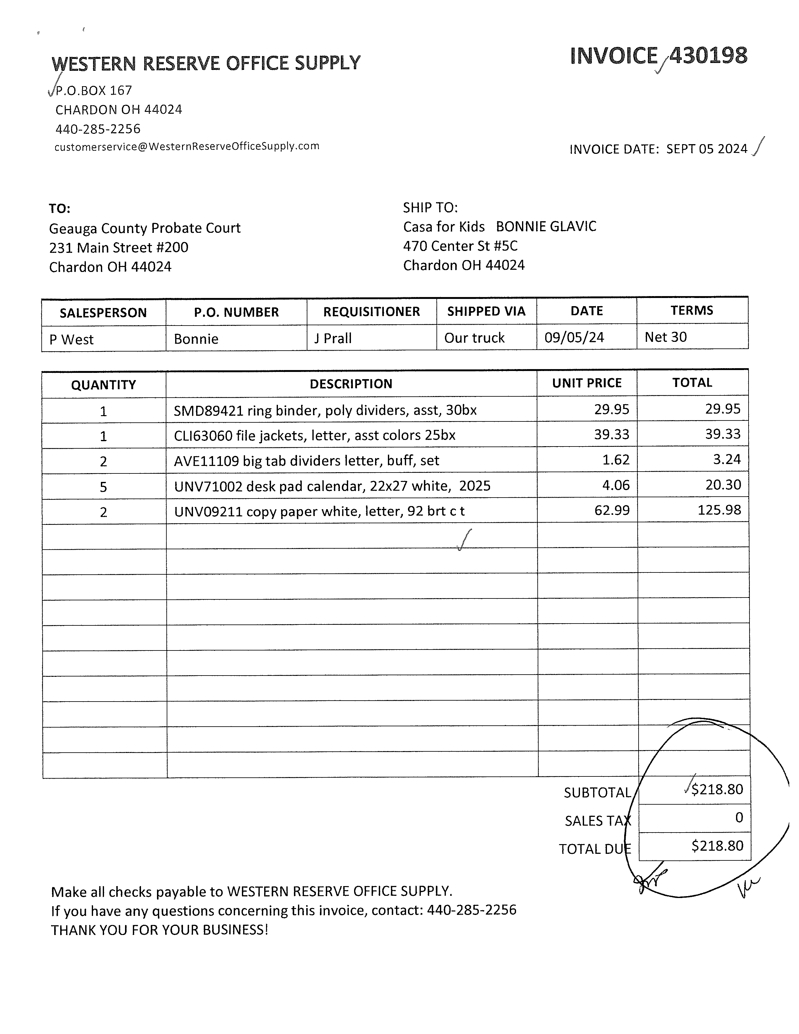 Western Reserve Office Supply Invoice