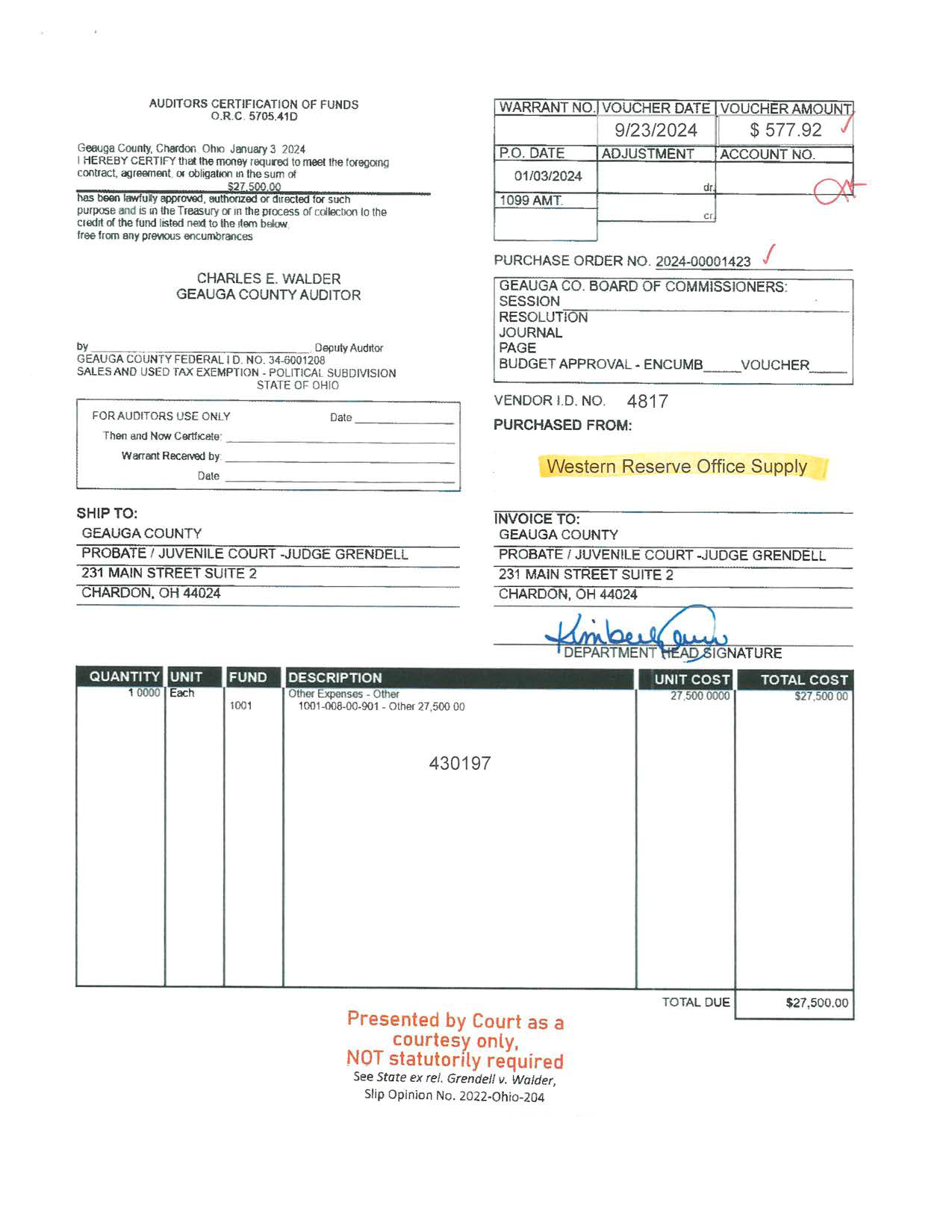 Auditor's Certification of Funds