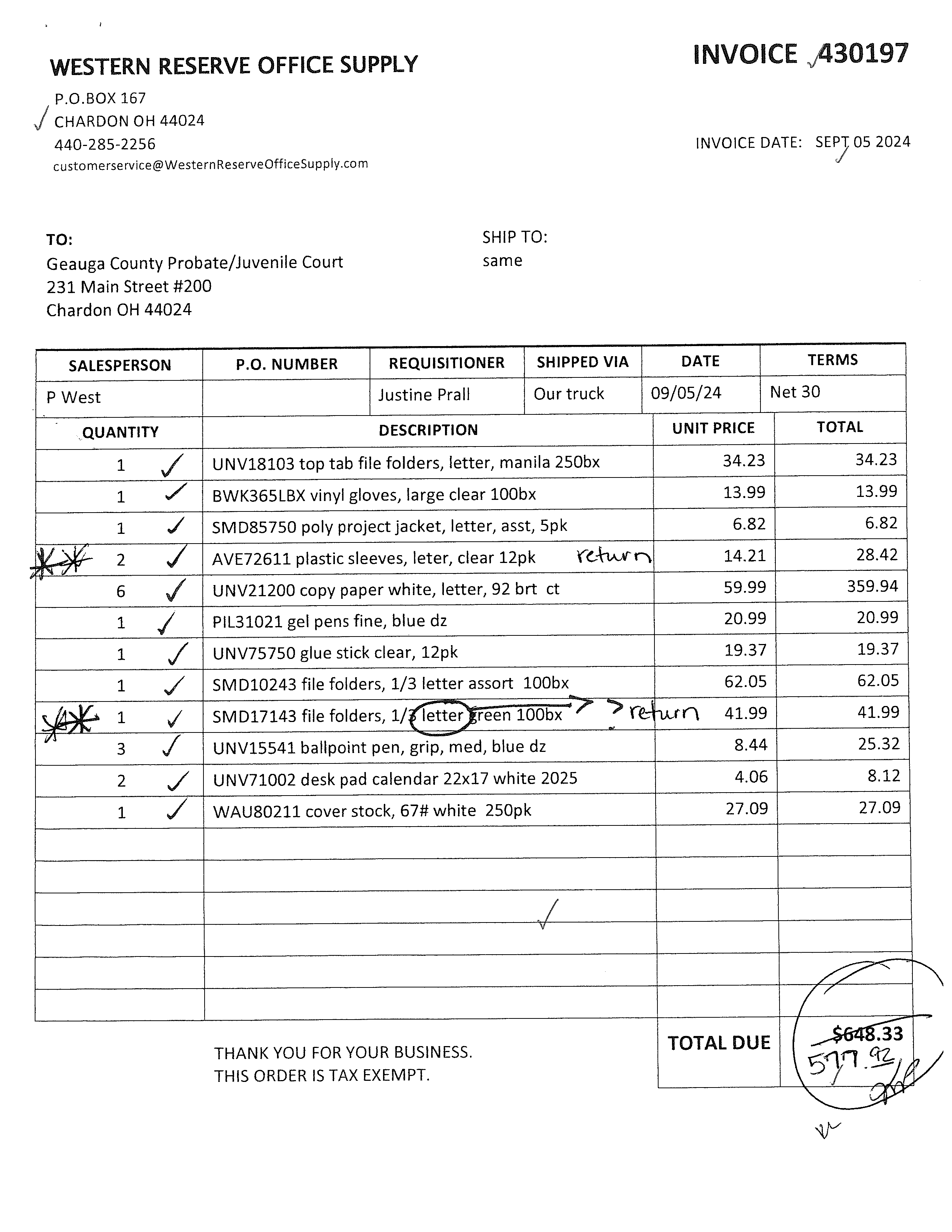 Western Reserve Office Supply Invoice 430197