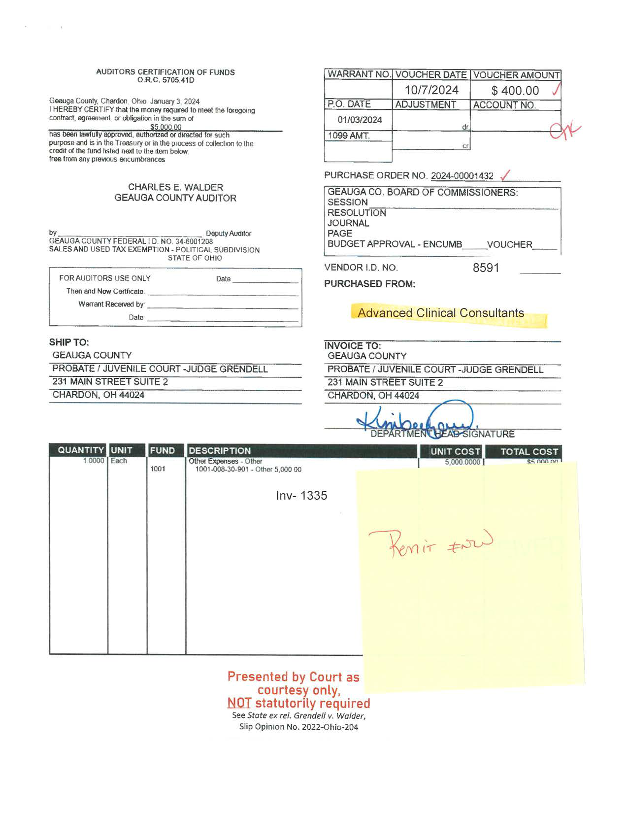 Auditor's Certification of Funds
