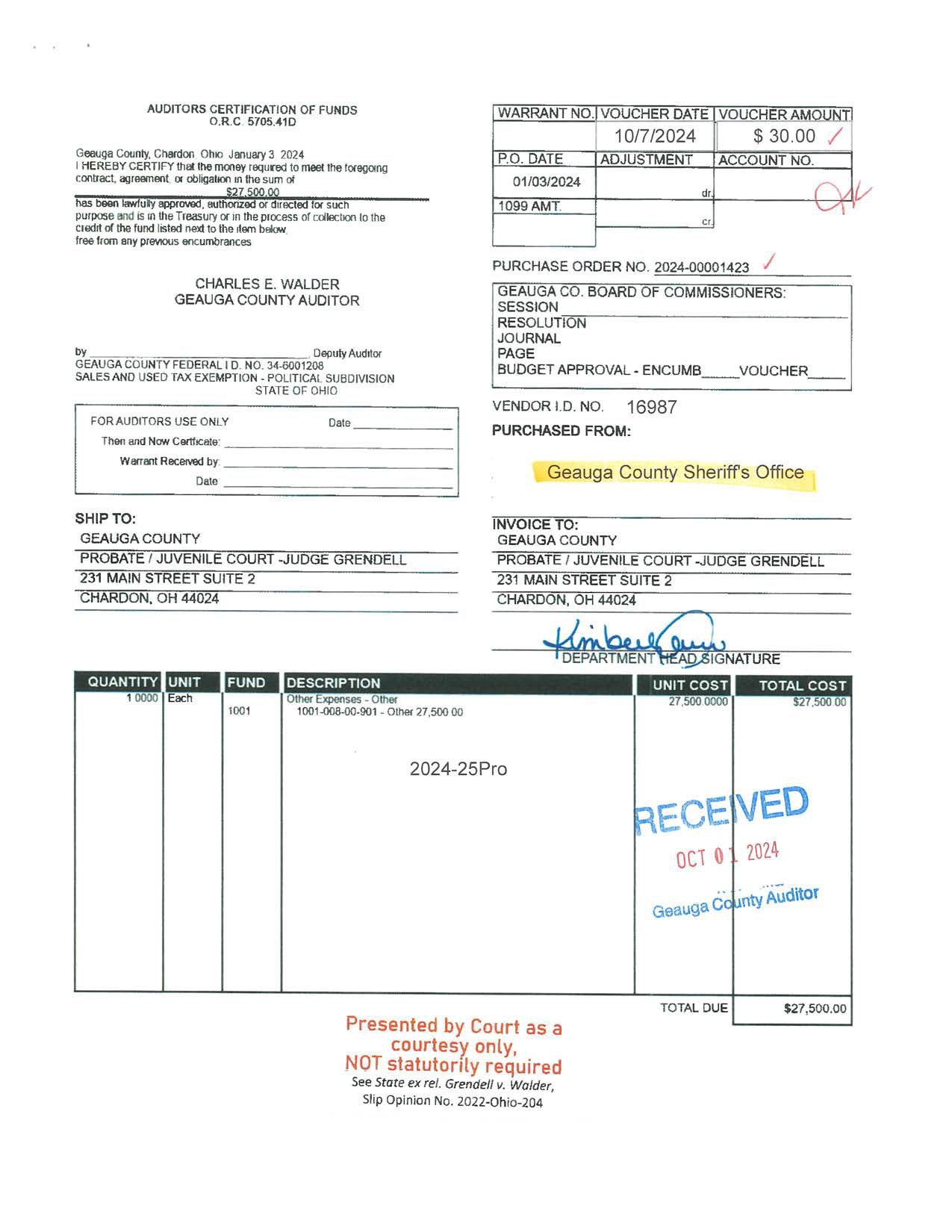 Auditor's Certification of Funds