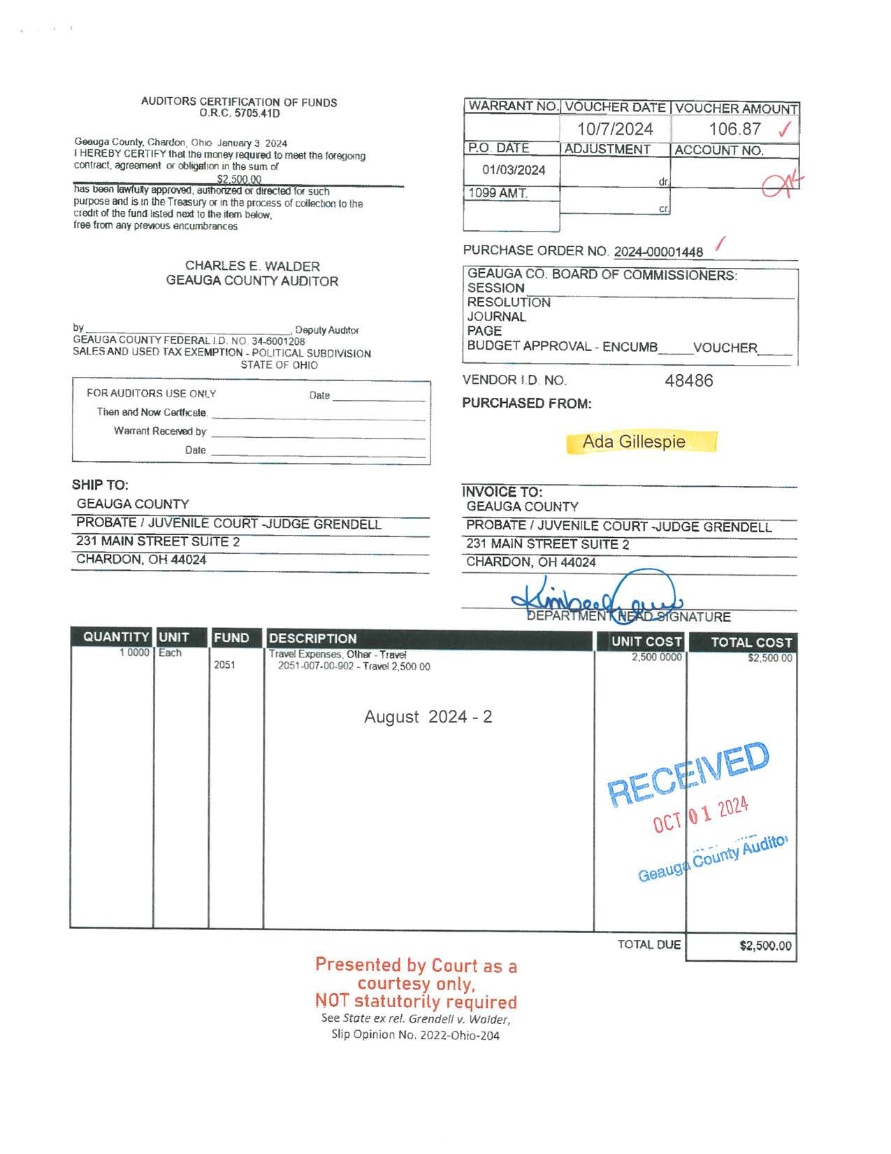 Auditor's Certification of Funds
