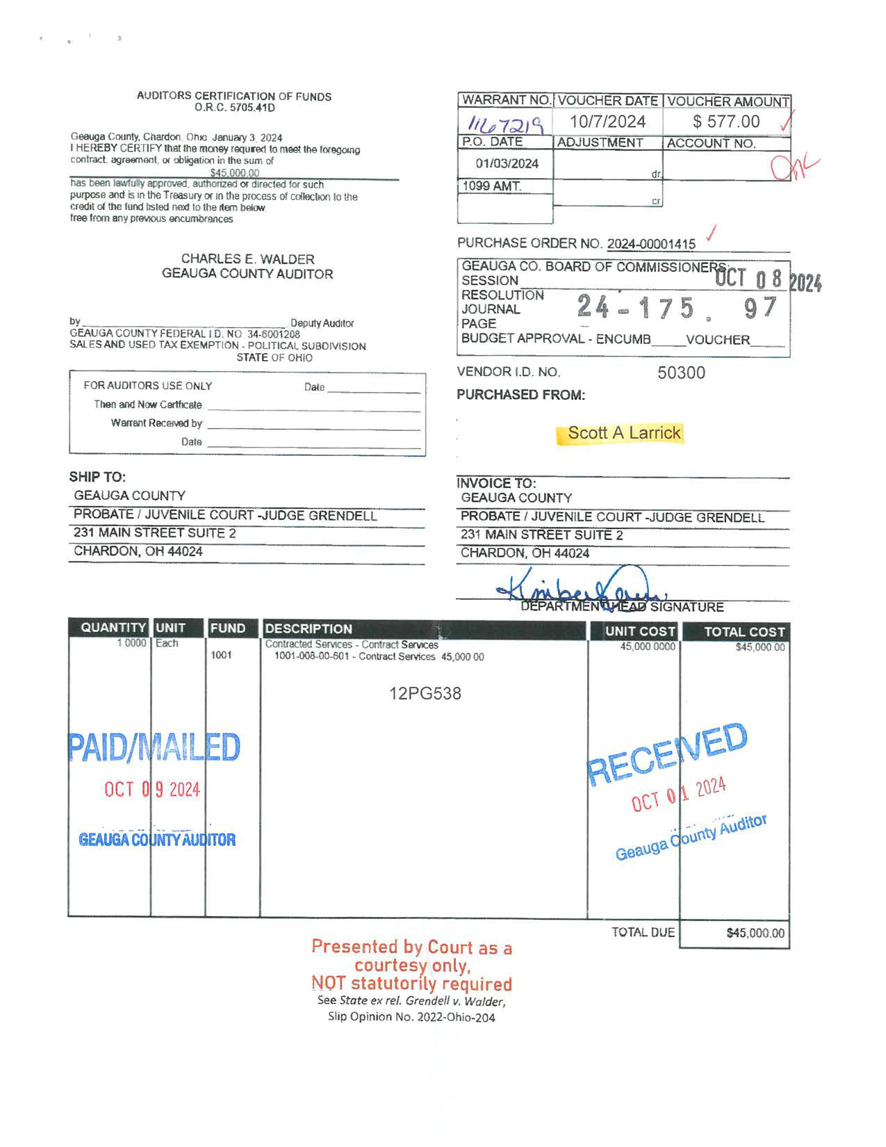 Auditor's Certification of Funds