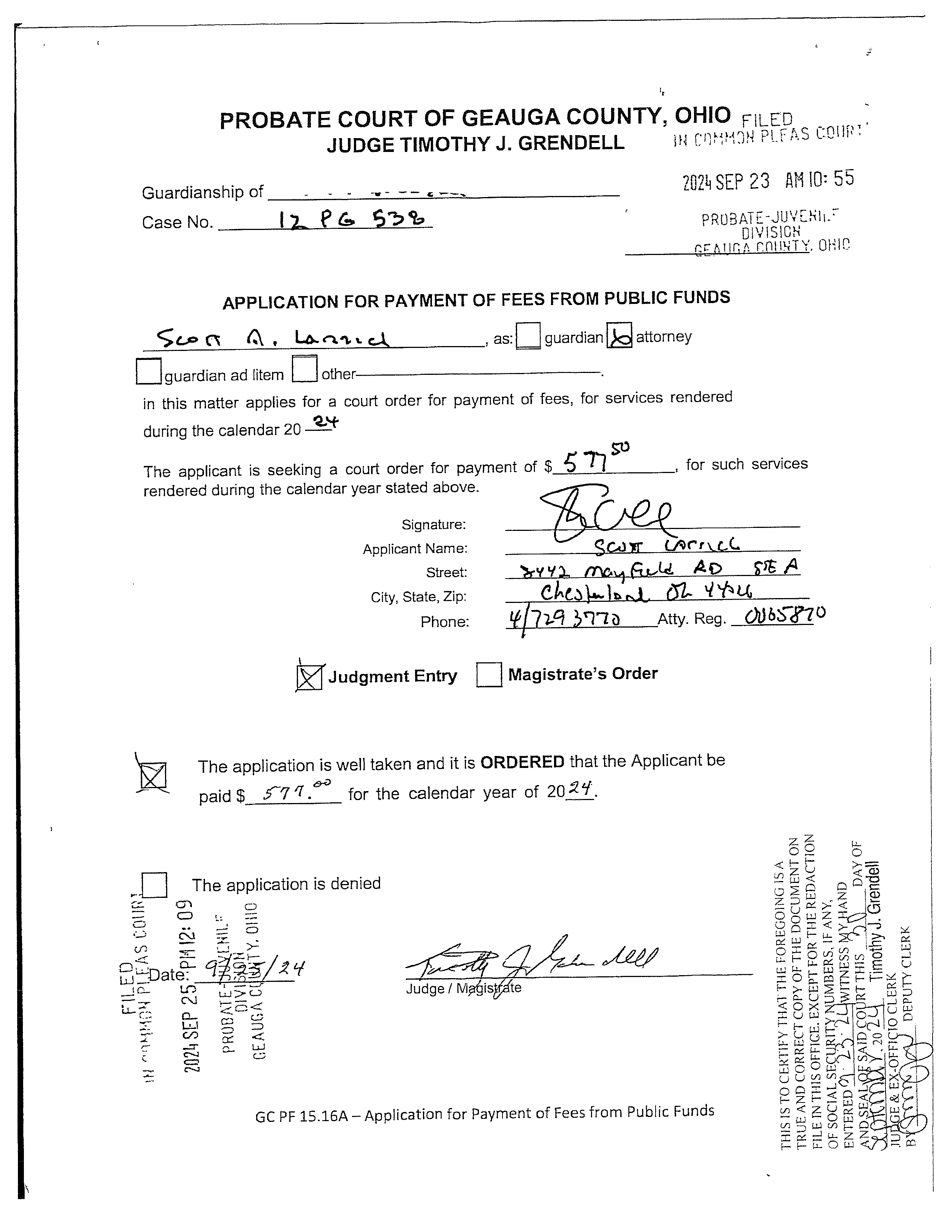 Application for Payment of Fees From Public Funds