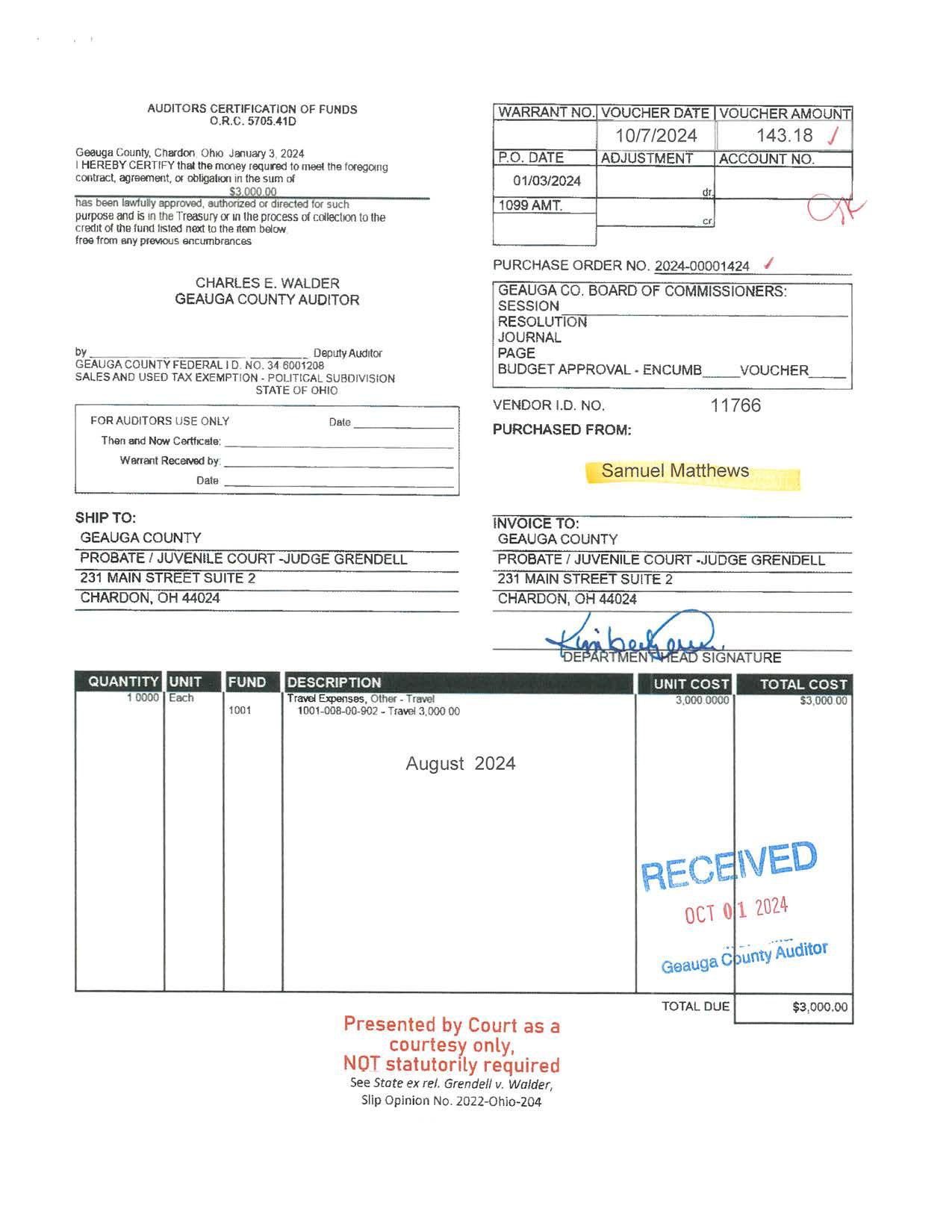 Auditor's Certification of Funds