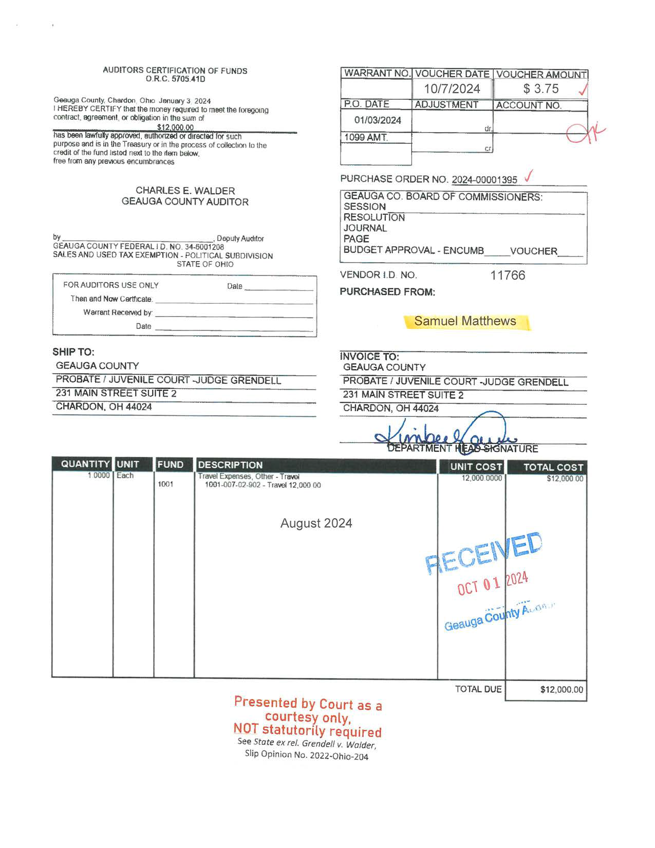 Auditor's Certification of Funds