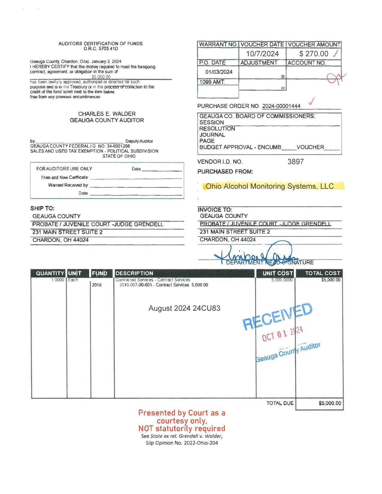 Auditor's Certification of Funds