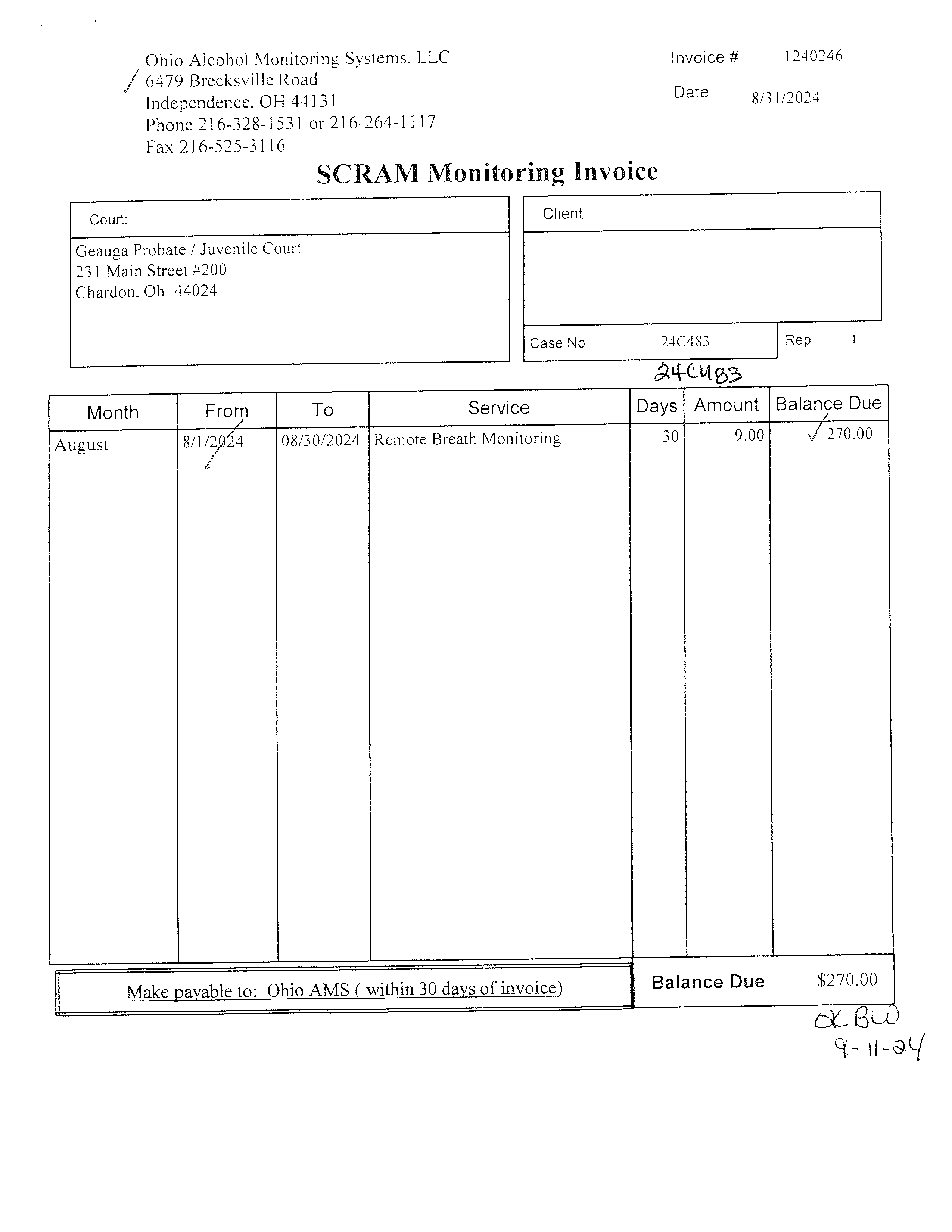 SCRAM Monitoring Invoice