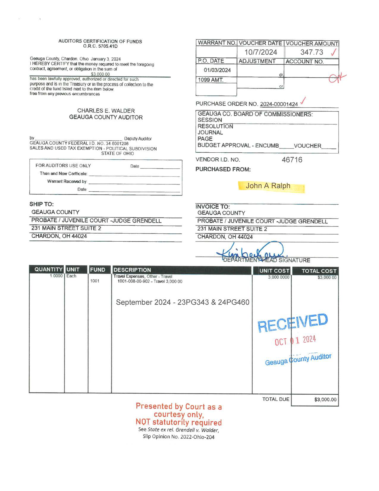 Auditor's Certification of Funds