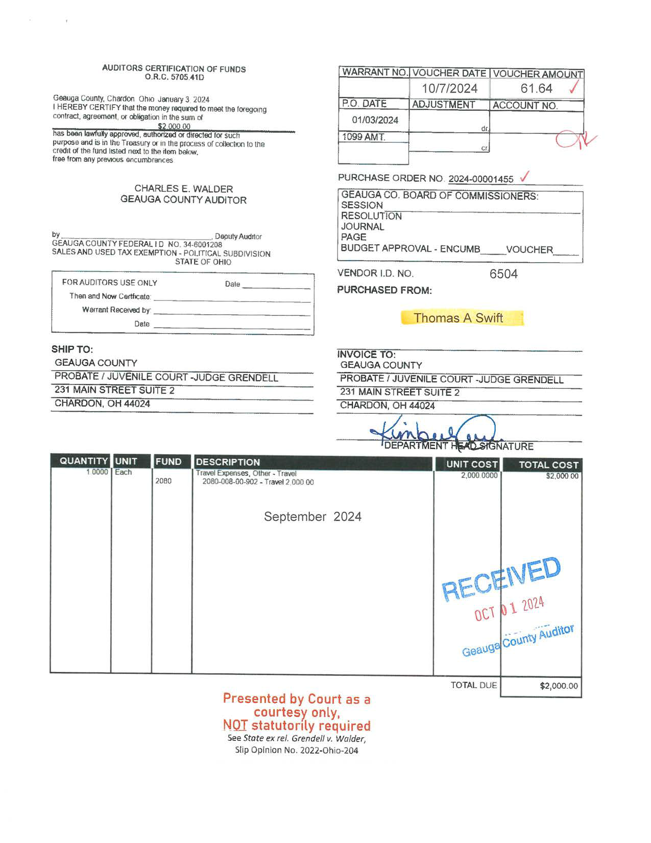 Auditor's Certification of Funds