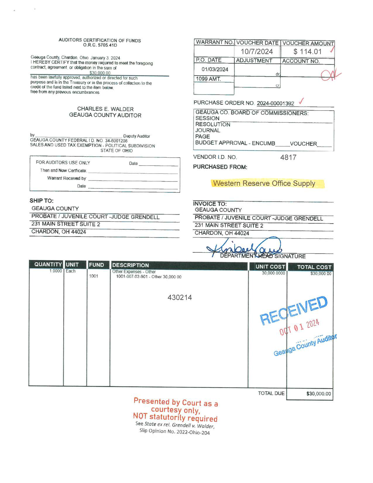 Auditor's Certification of Funds