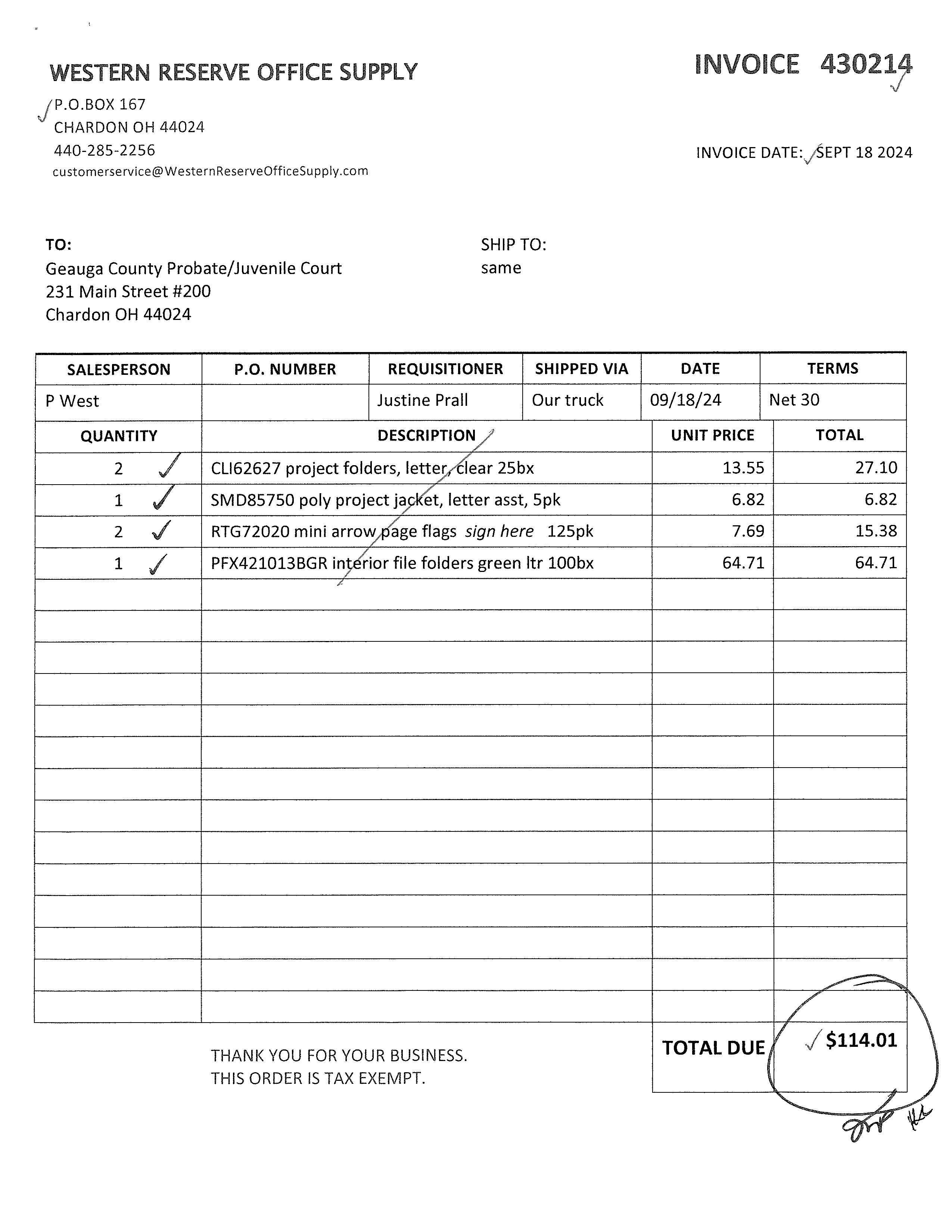 Western Reserve Office Supply Invoice