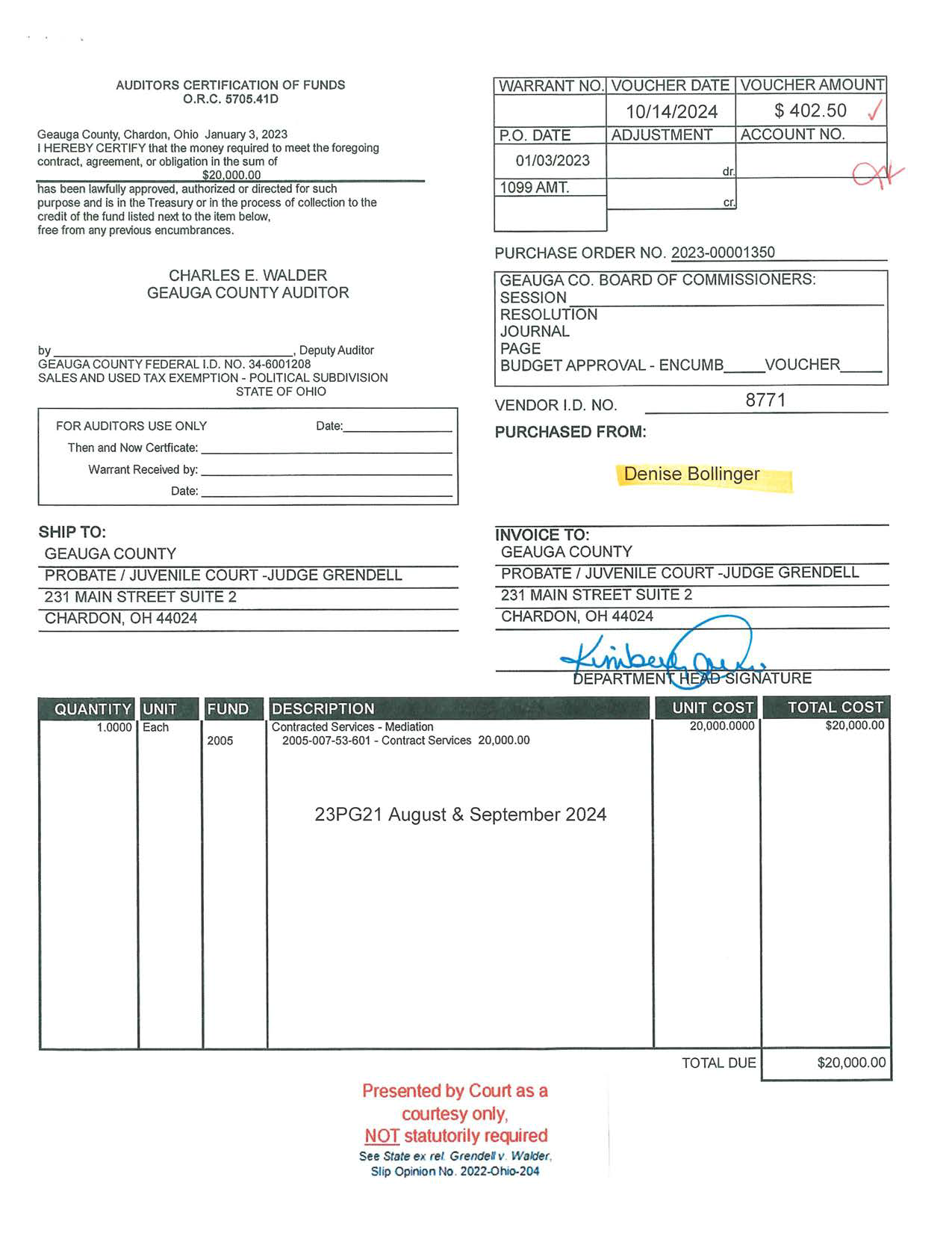 Auditor's Certification of Funds