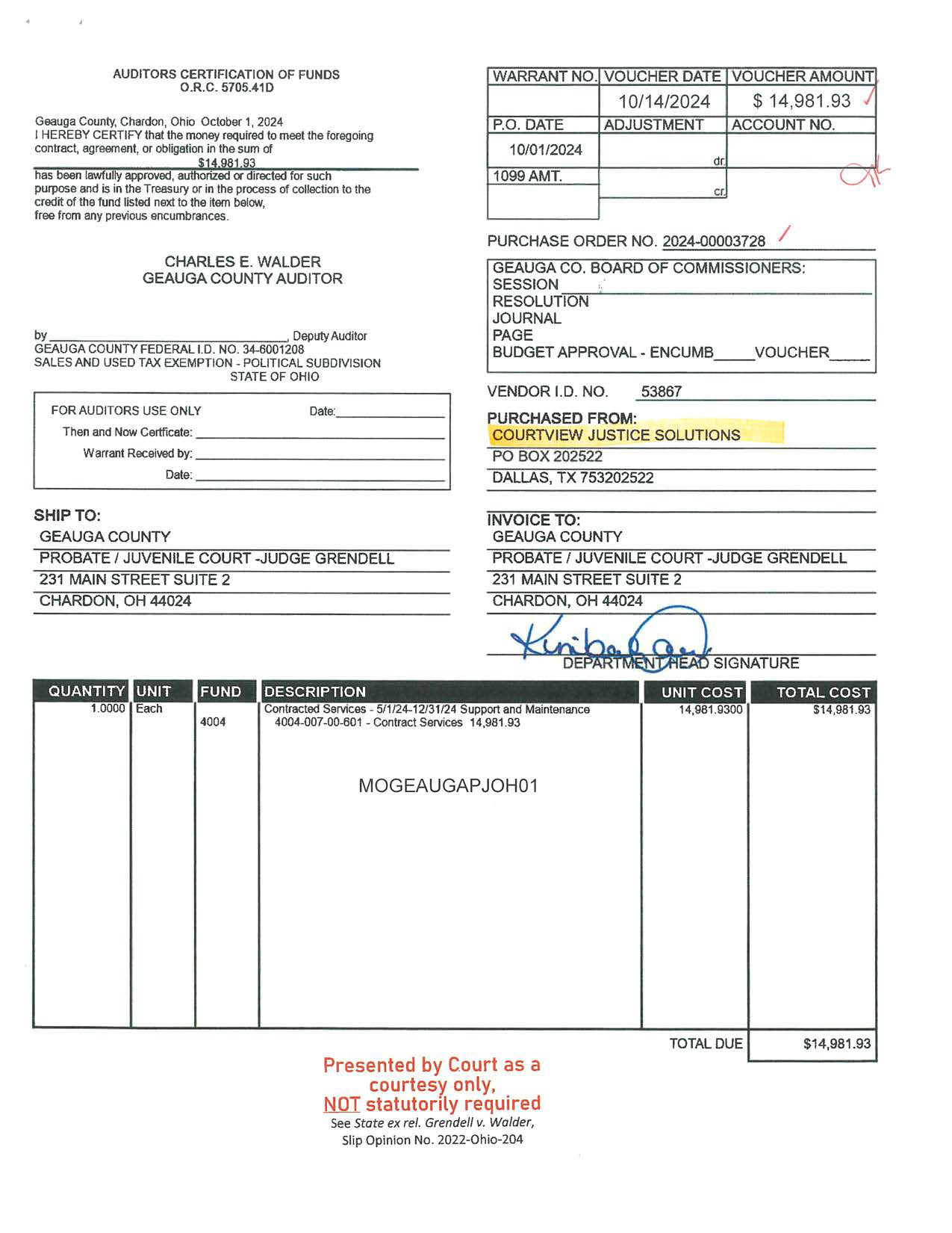 Auditor's Certification of Funds