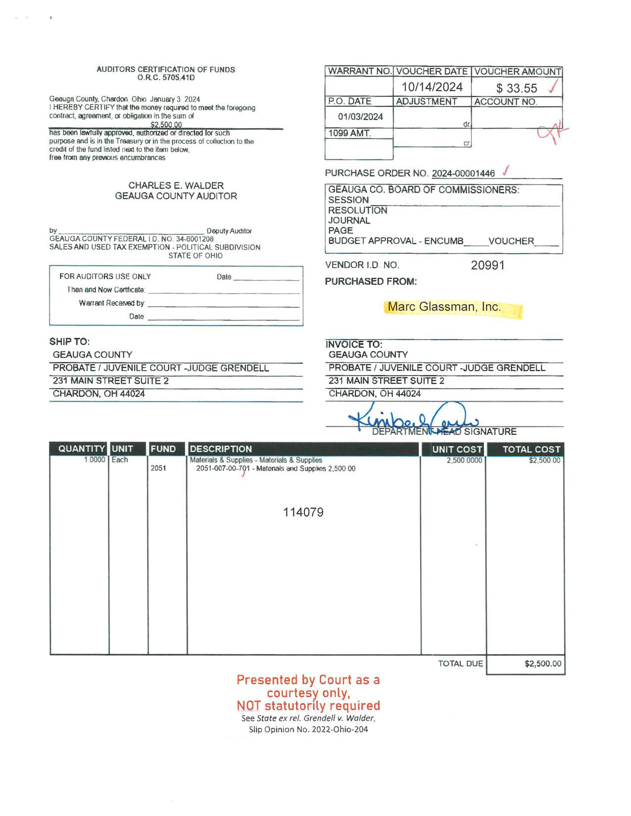Auditor's Certification of Funds