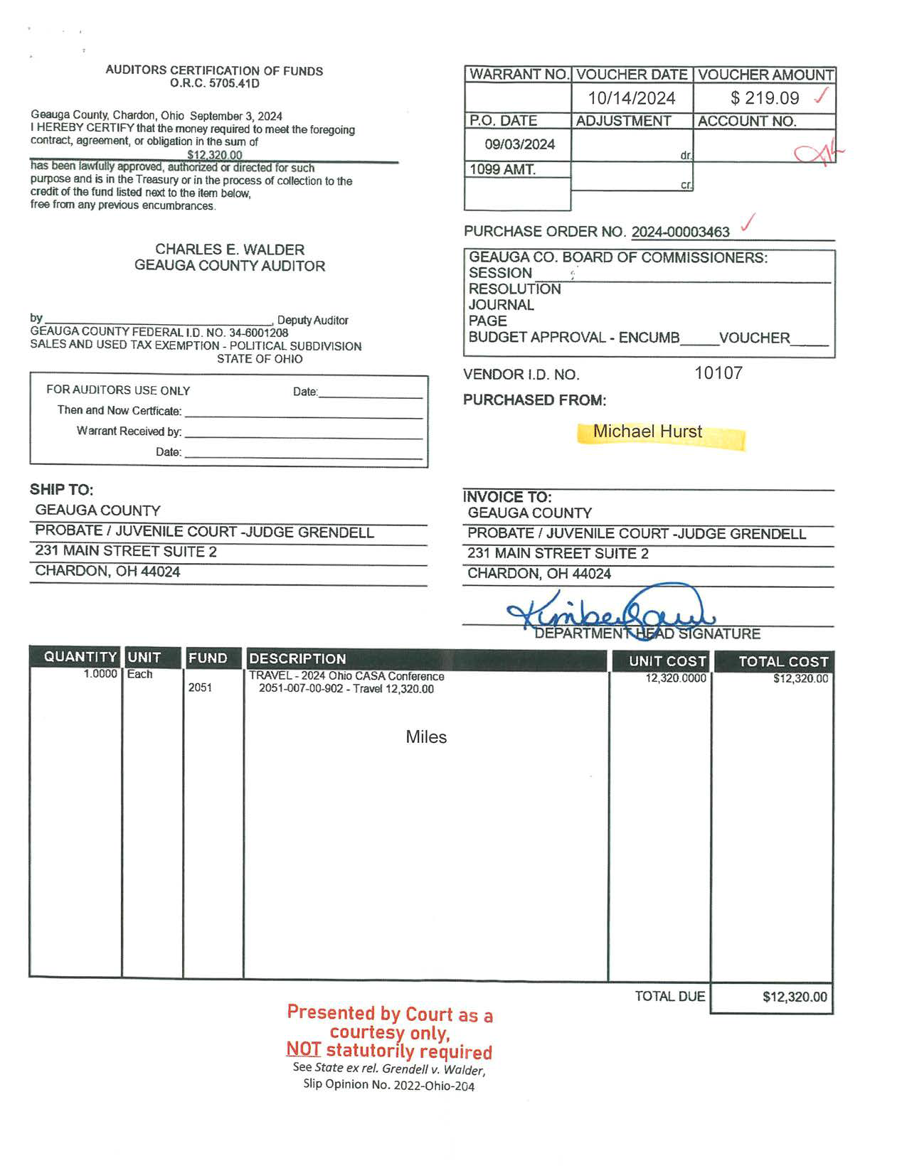 Auditor's Certification of Funds