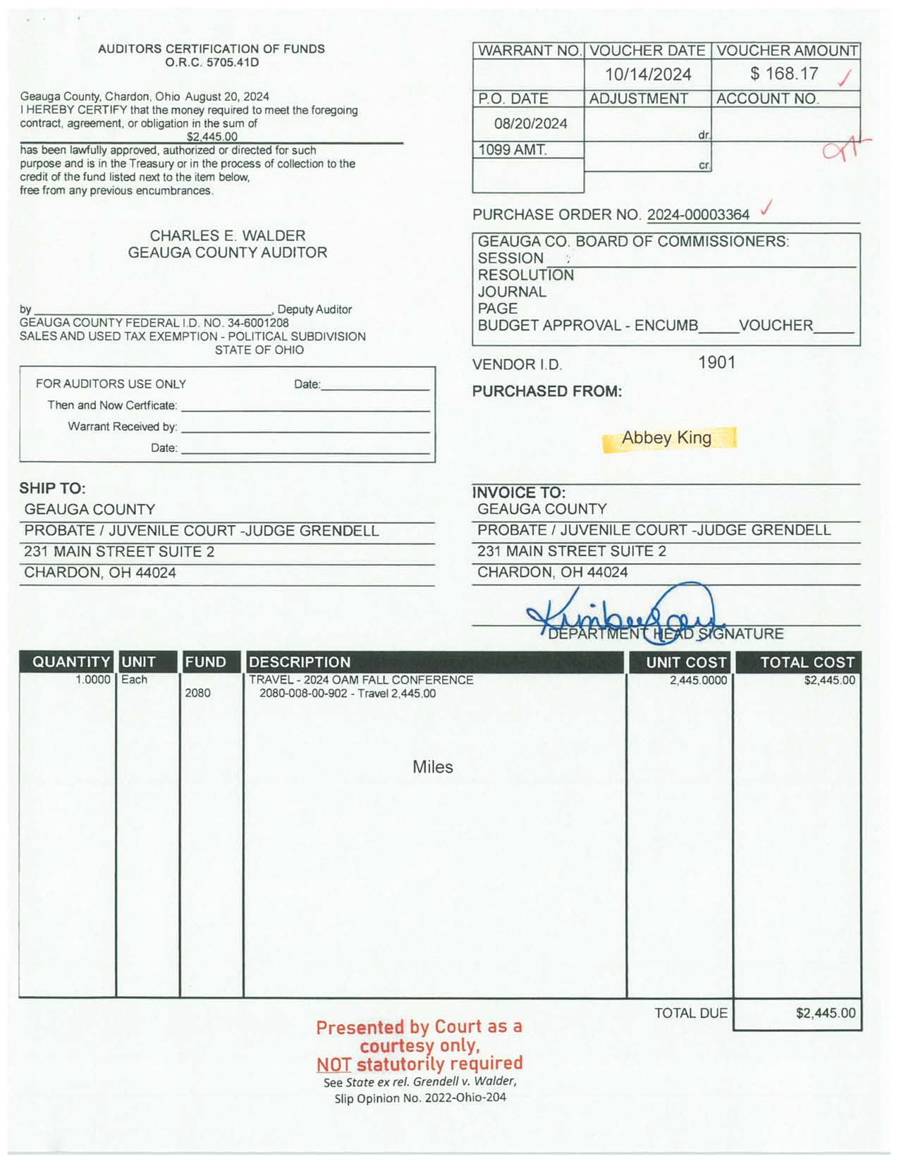 Auditor's Certification of Funds