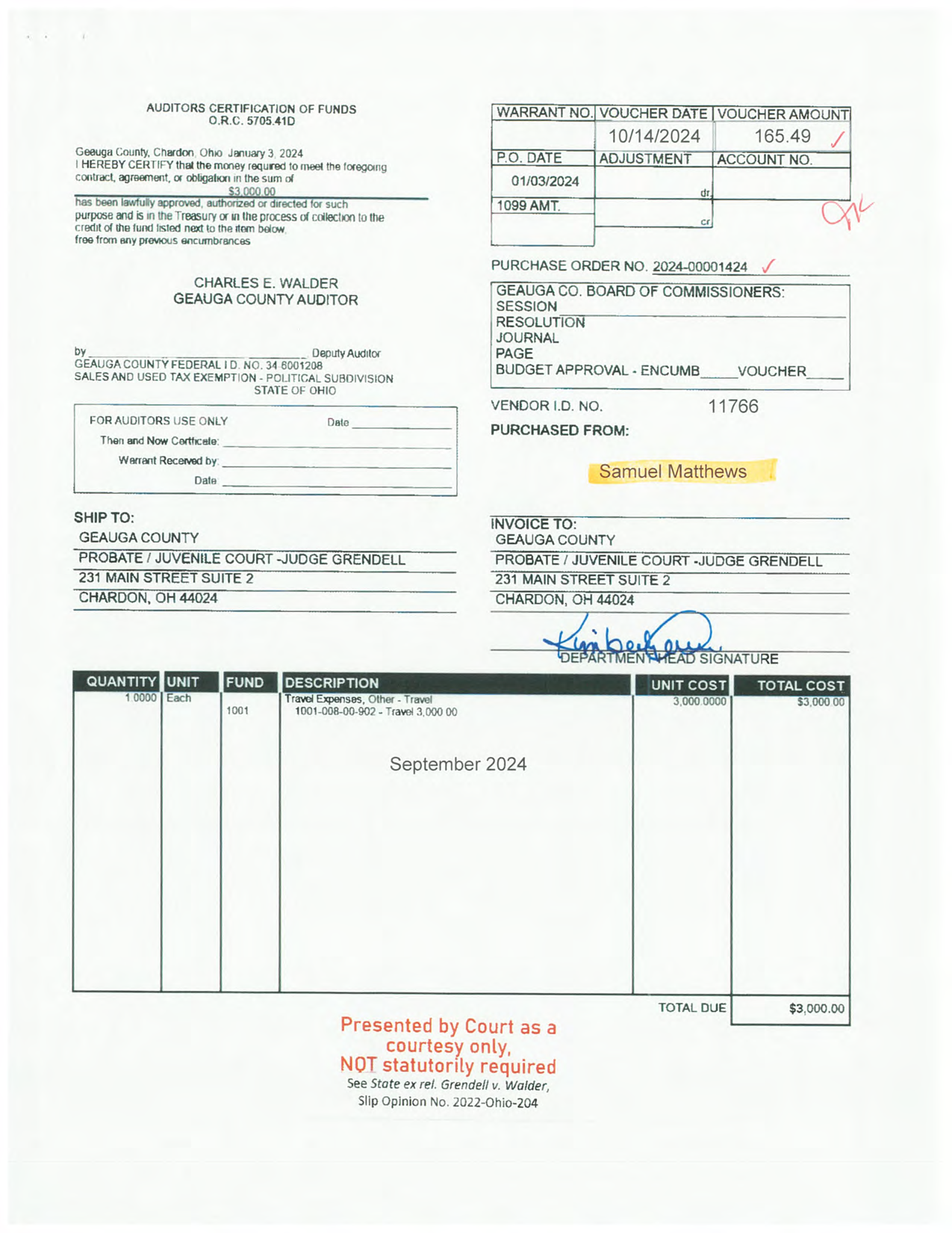 Auditor's Certification of Funds