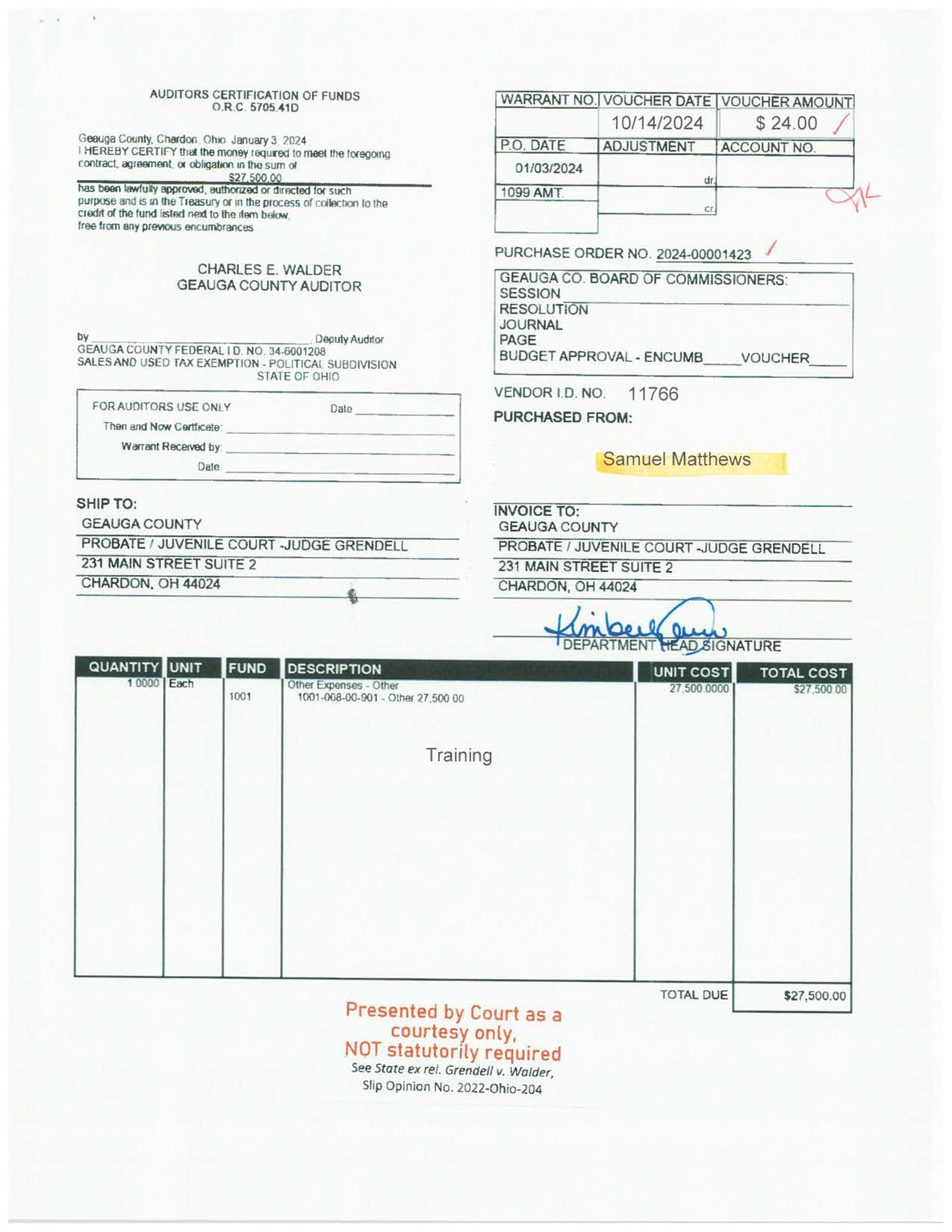 Auditor's Certification of Funds