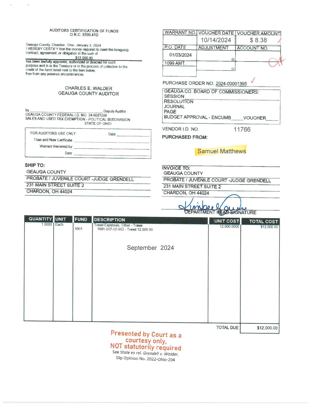 Auditor's Certification of Funds