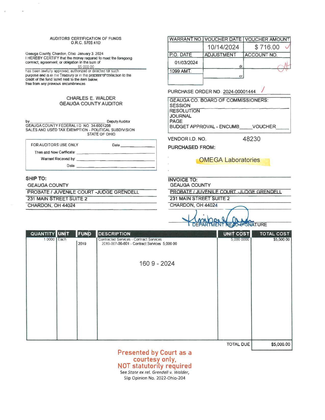 Auditor's Certification of Funds