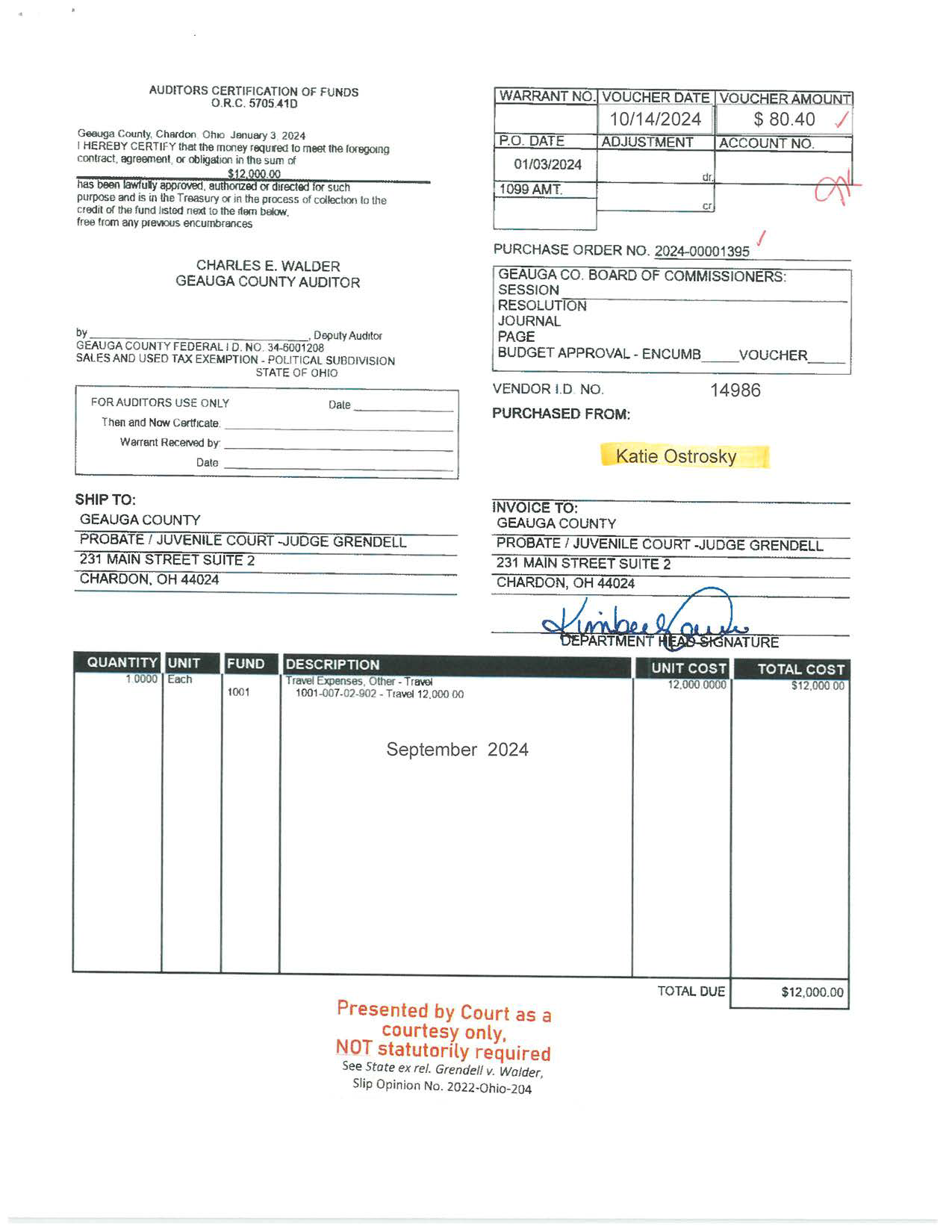 Auditor's Certification of Funds