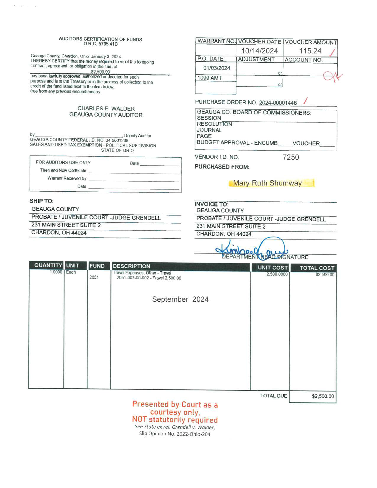 Auditor's Certification of Funds