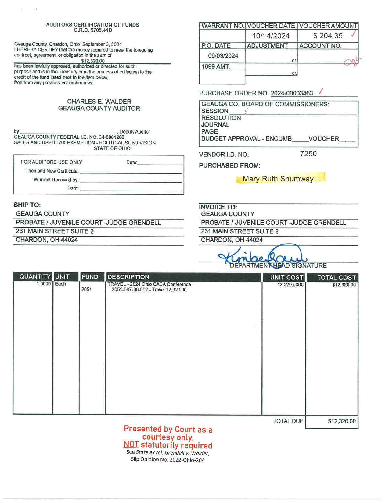 Auditor's Certification of Funds