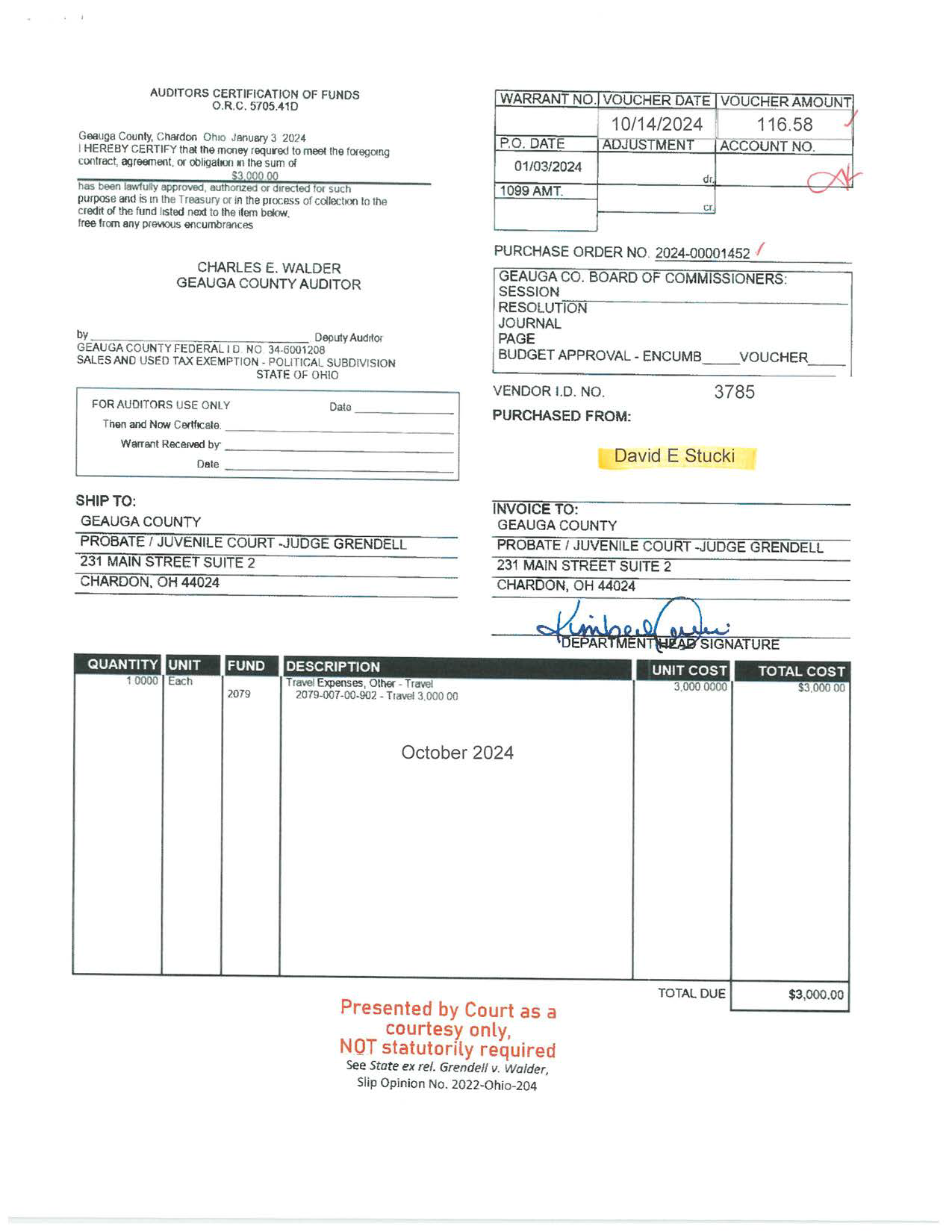Auditor's Certification of Funds