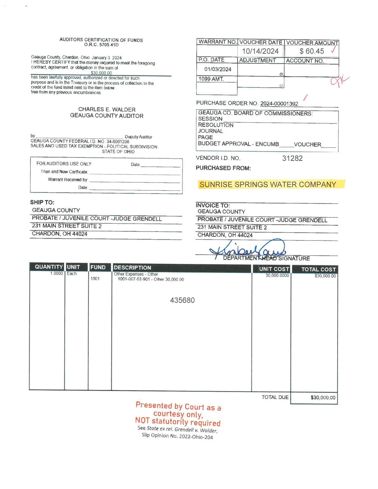 Auditor's Certification of Funds