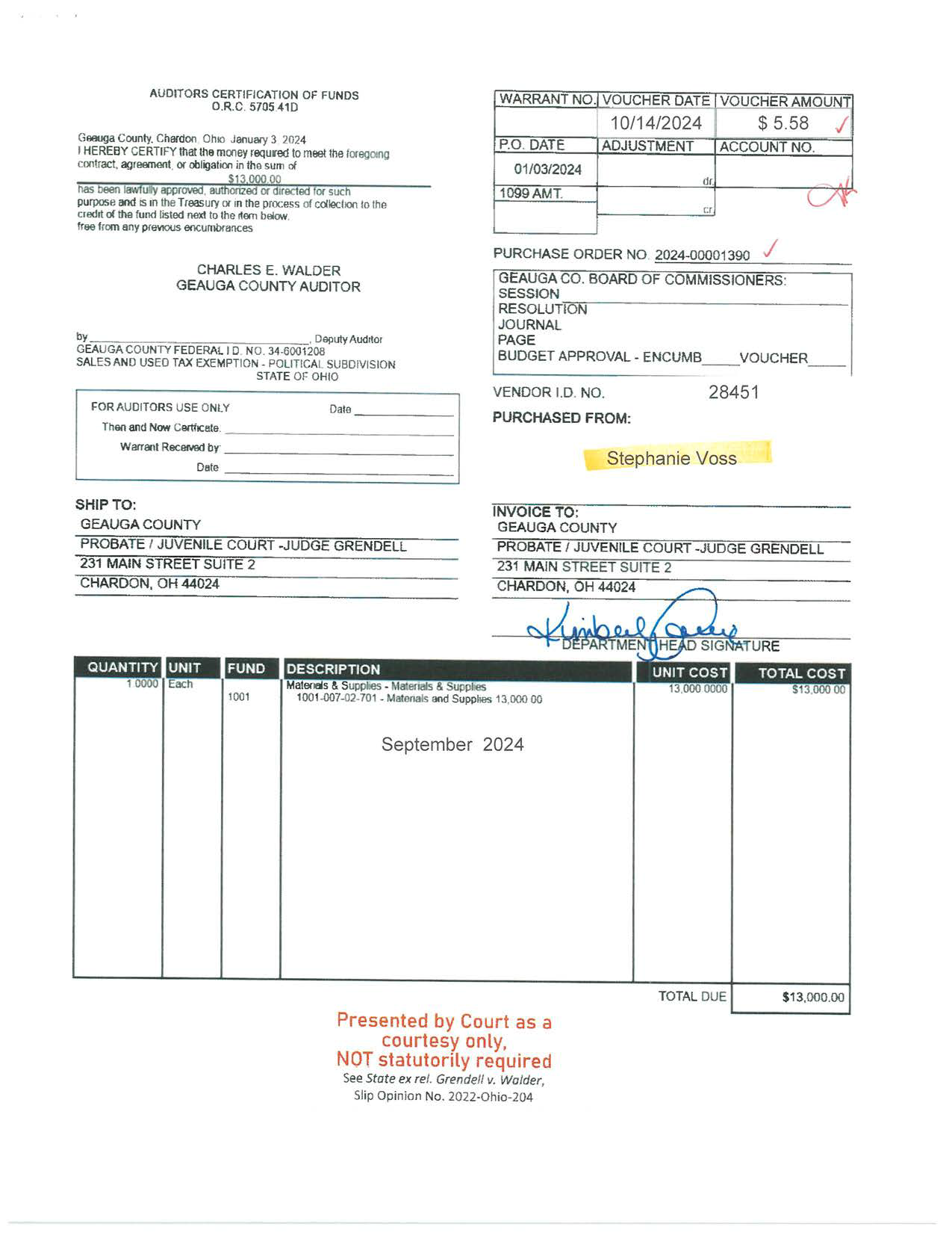 Auditor's Certification of Funds