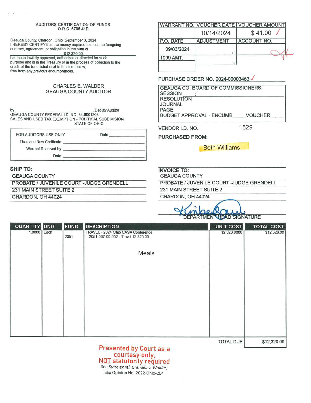 Auditor's Certification of Funds