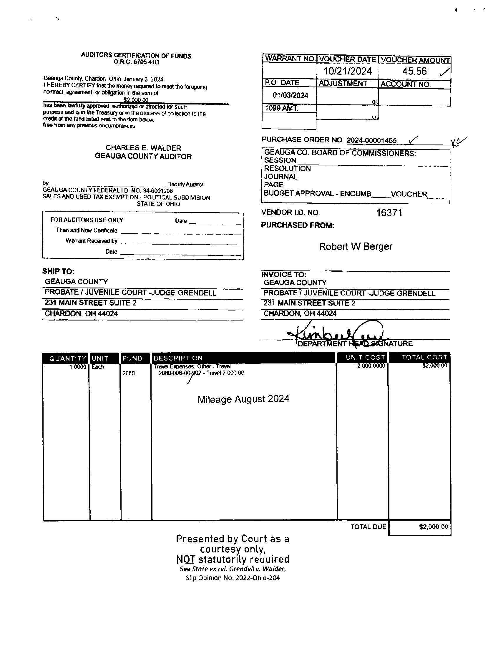 Auditor's Certification of Funds