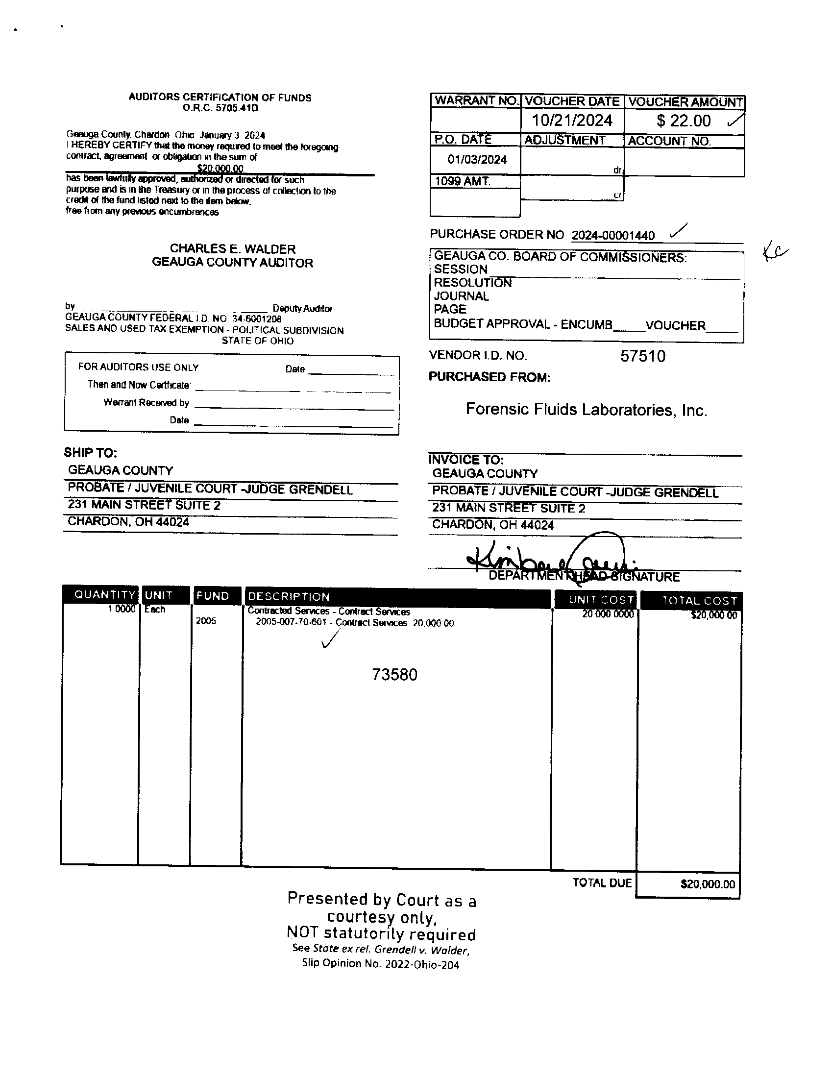 Auditor's Certification of Funds