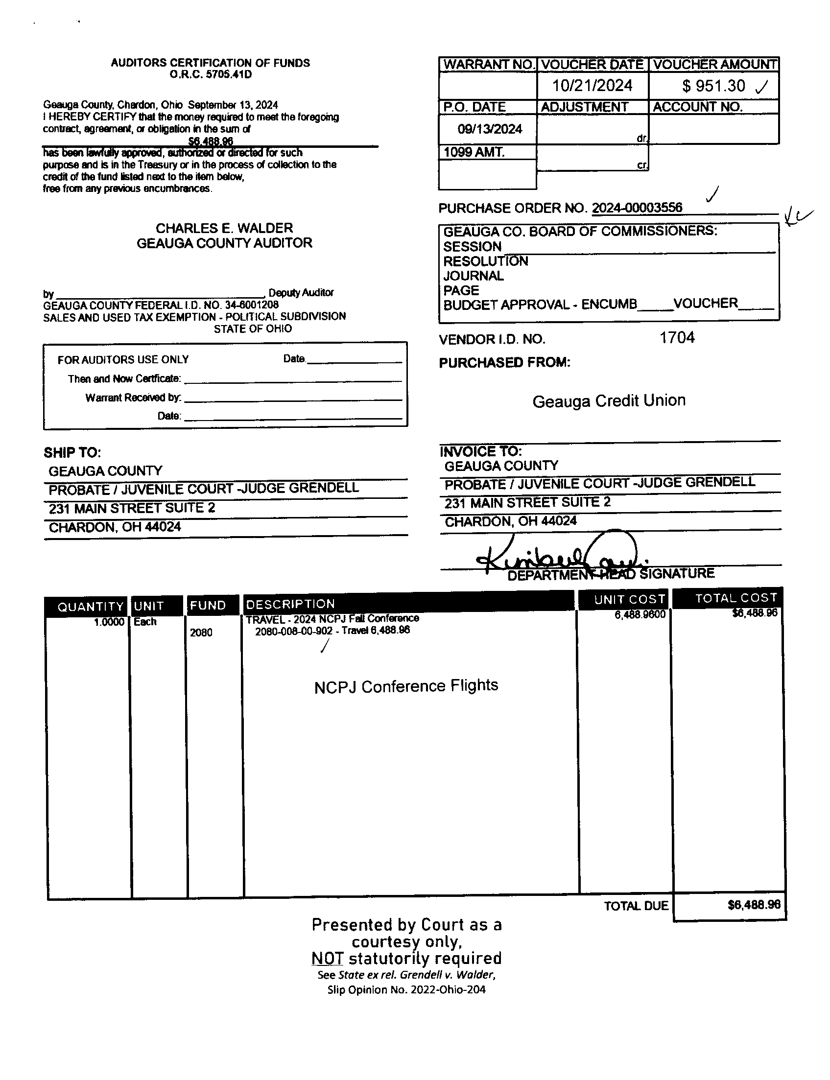 Auditor's Certification of Funds