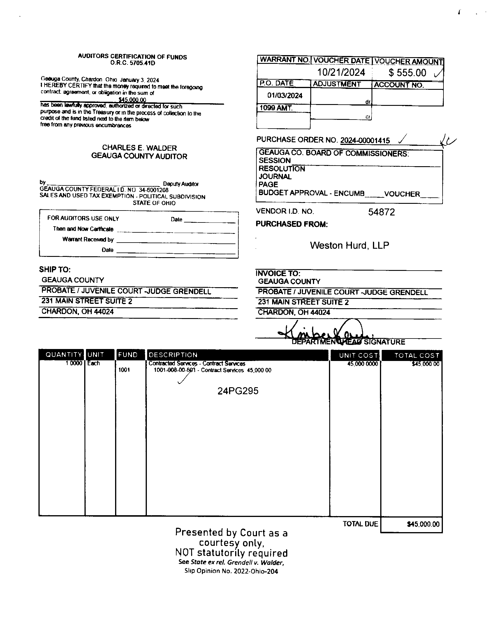 Auditor's Certification of Funds