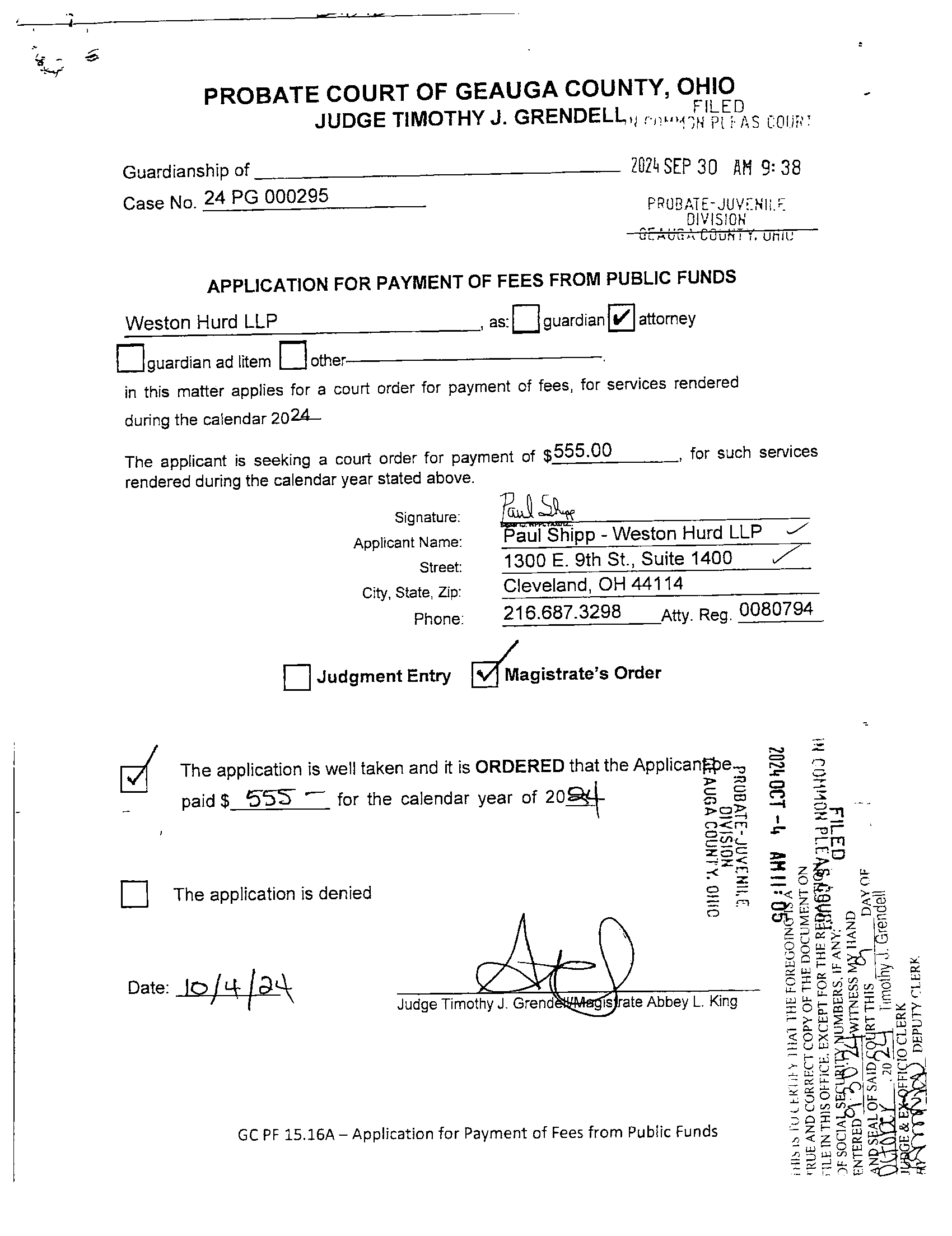 Application for Payment of Fees From Public Funds