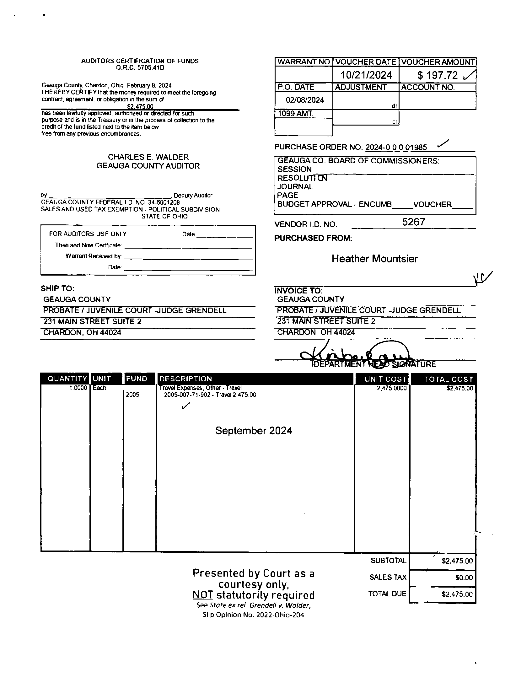 Auditor's Certification of Funds