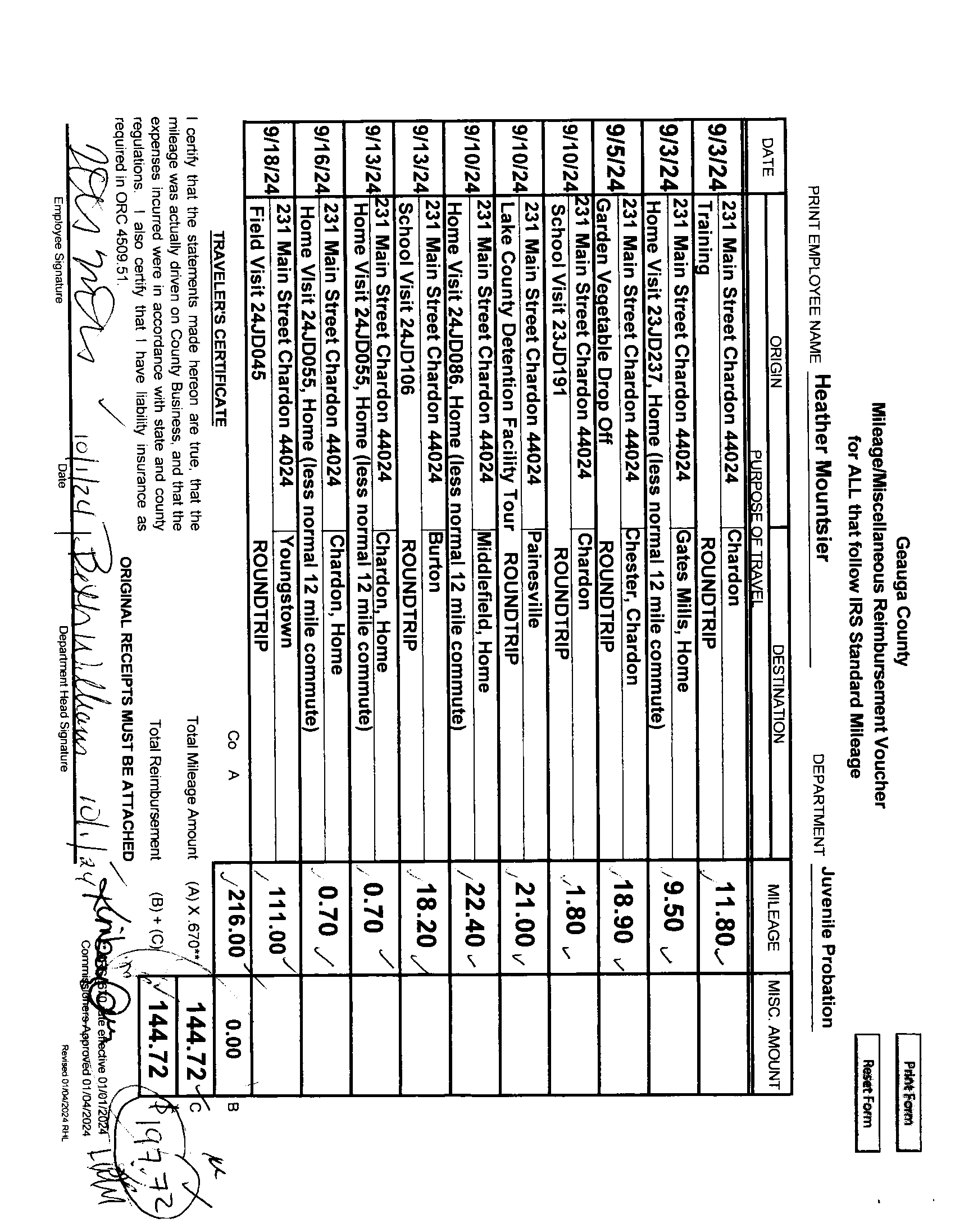 Mileage/Miscellaneous Reimbursement Voucher