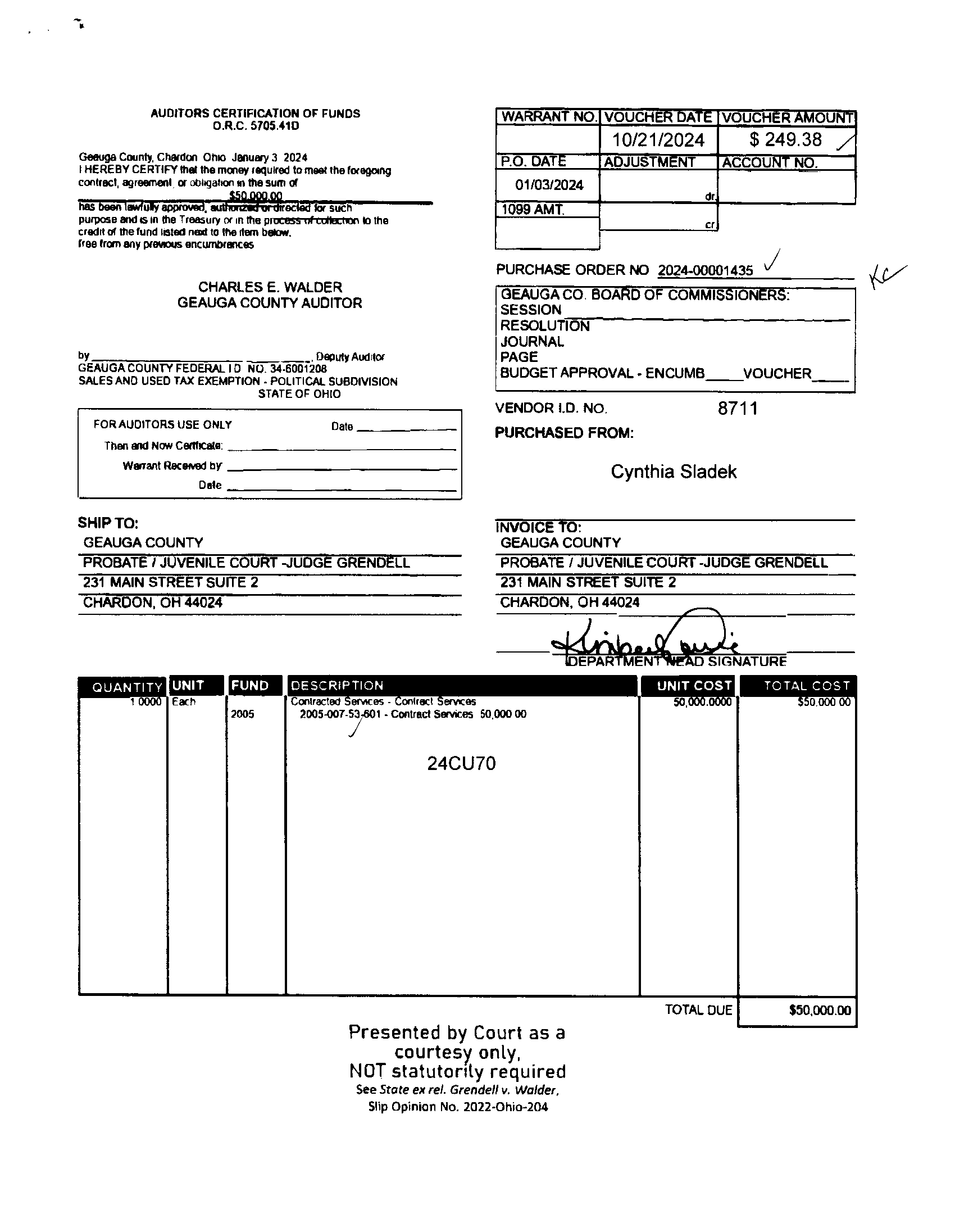 Auditor's Certification of Funds