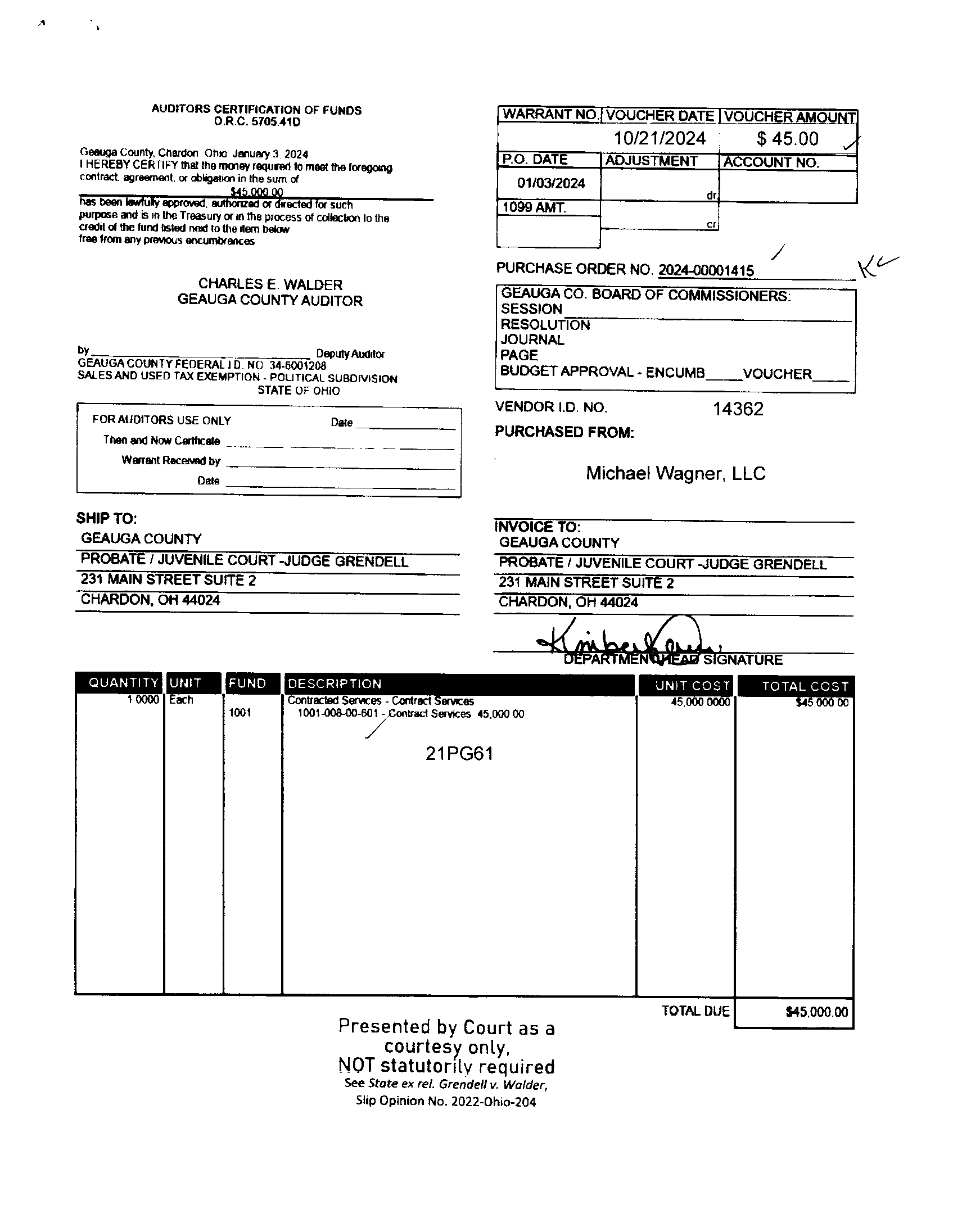 Auditor's Certification of Funds