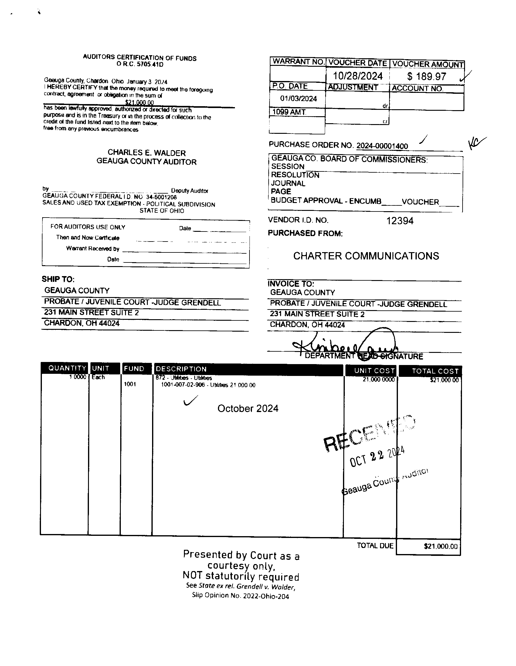 Auditor's Certification of Funds