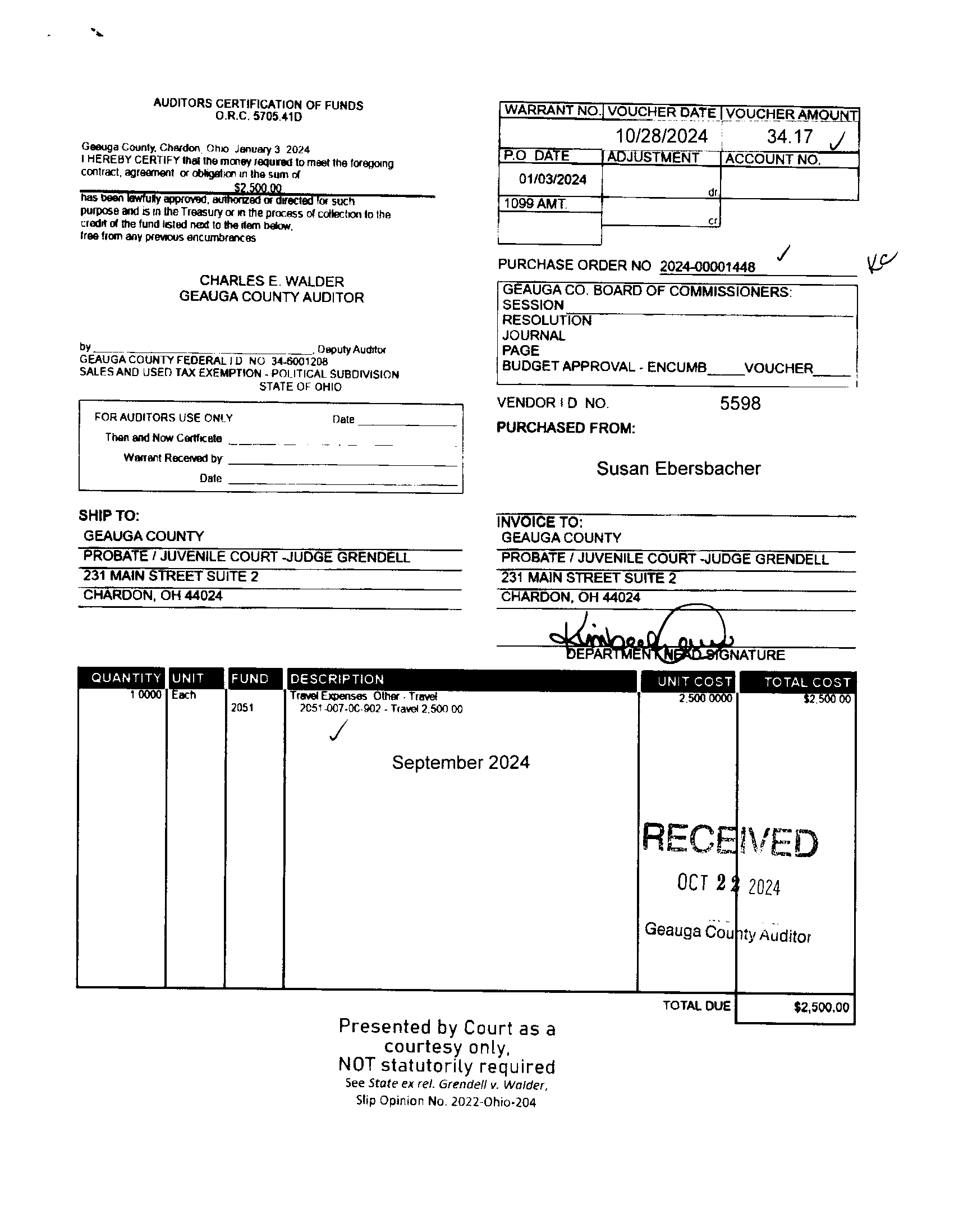 Auditor's Certification of Funds