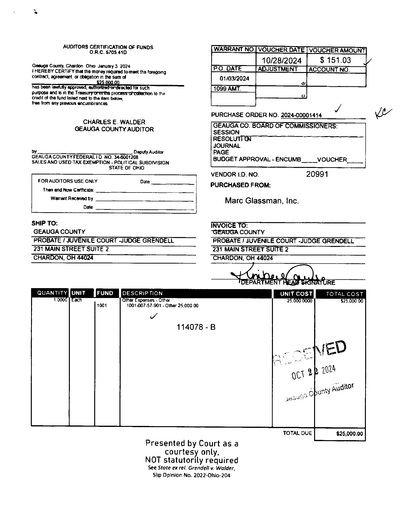 Auditor's Certification of Funds